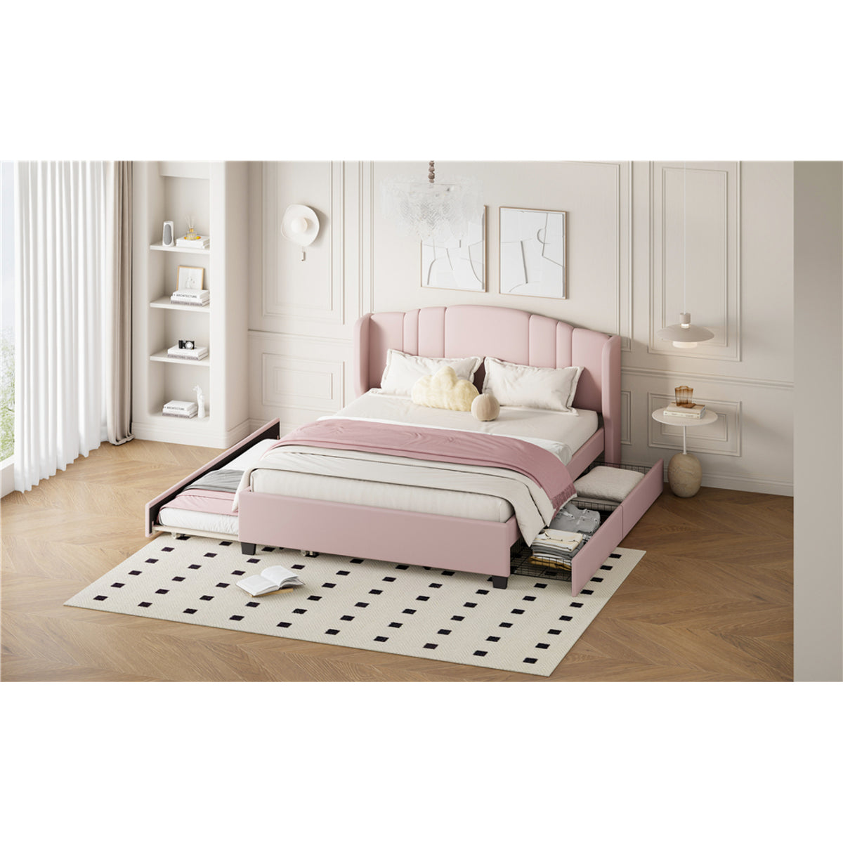 variant-group:rf-n733s208132h|Roomfitters Twin Size Trundle Upholstered Platform Bed with Wingback Headboard and 2 Drawers, No Box Spring Needed, Linen Fabric, Queen Size, Pink