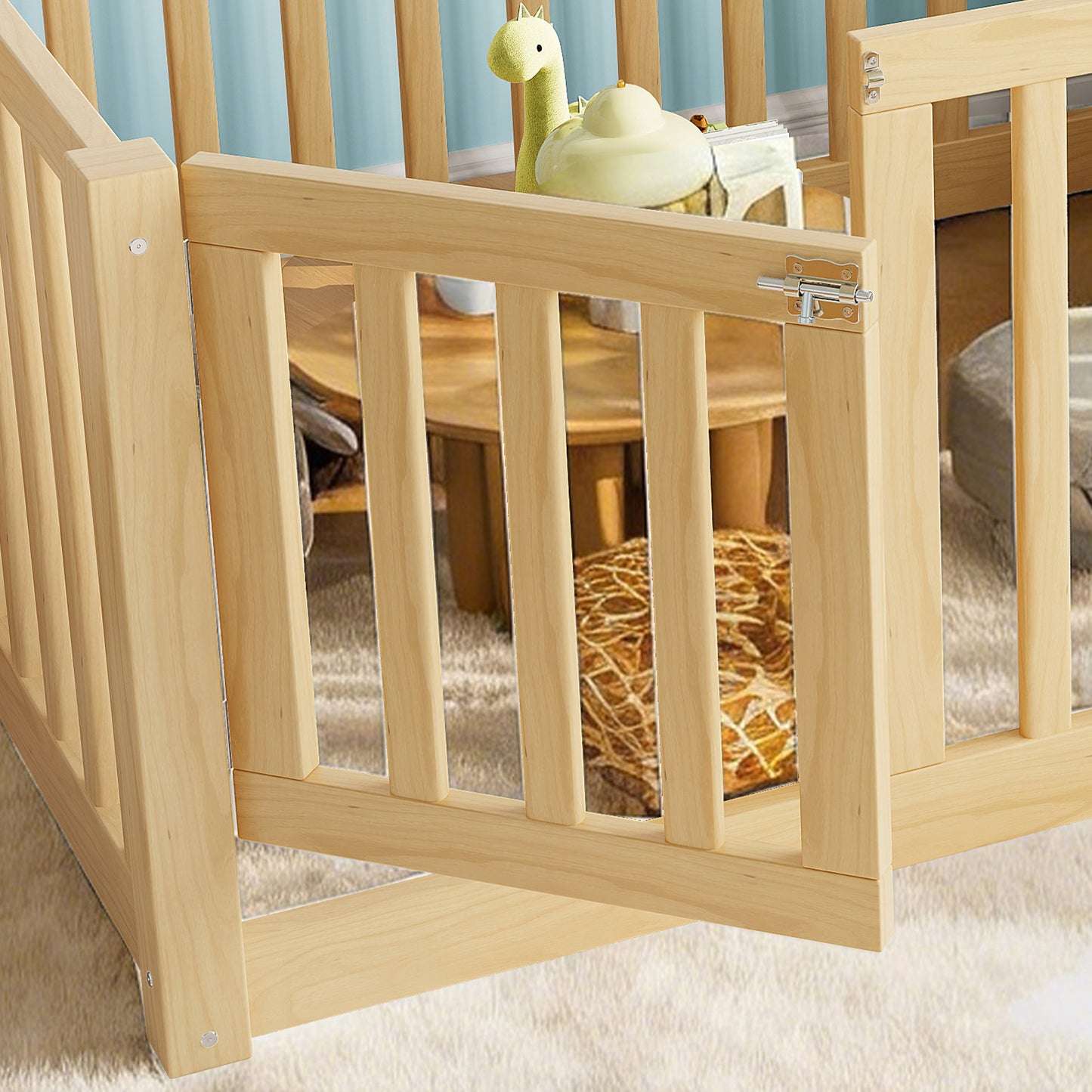 variant-group:rf-w1580p417669|Roomfitters Twin Size Wooden Floor Bed with Safety Guardrails Door, Solid Wood Low Profile Toddler Bed Frame, Natural