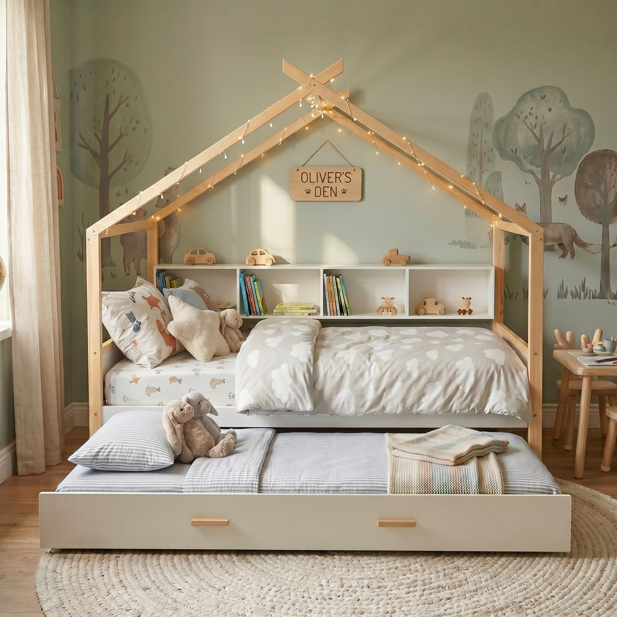 Roomfitters Twin Size Wooden House Bed Frame with Twin Trundle, Bookshelf Storage Furniture, No Box Spring, White Natural Roomfitters