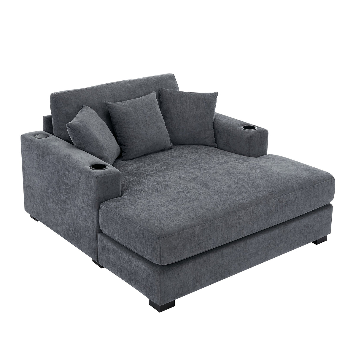 Roomfitters Oversized Chaise Lounger Sofa Couch, Upholstered Accent Chair Charge Station Cup Holders, Blue Gray