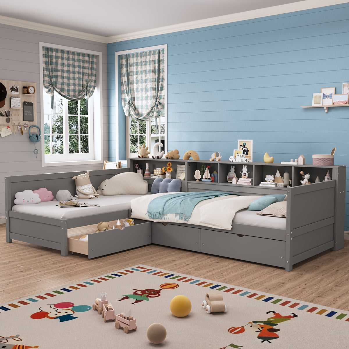 variant-group:rf-n733s369272e|Roomfitters Twin L-Shaped Daybed for 2 with 3 Storage Drawers, Wooden Corner Bed Frame with Bookshelf for Bedroom, Gray