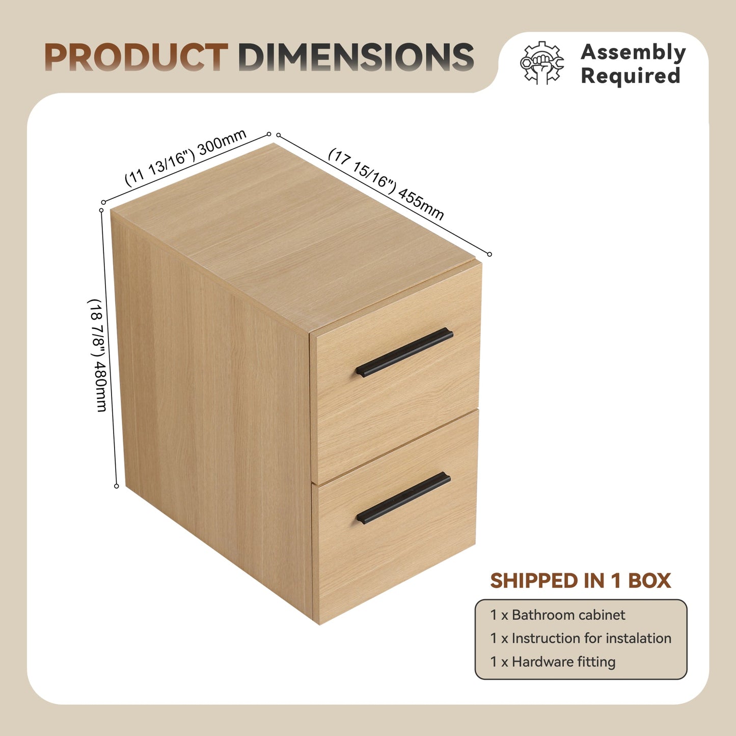 12" Floating Bathroom Vanity Drawer Base, Light Oak Plywood Cabinet, Wall-Mounted Storage with 2 Drawers & Black/Aluminum Handles (Sink Not Included) Roomfitters