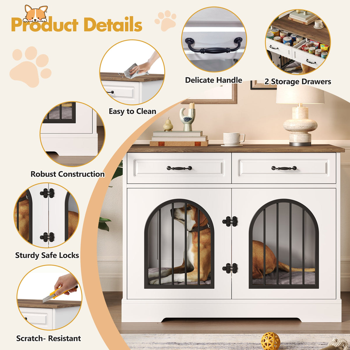 Roomfitters 43-Inch Heavy Duty Indoor Dog Crate Furniture End Table with Escape Proof Arched Doors White Brown Roomfitters