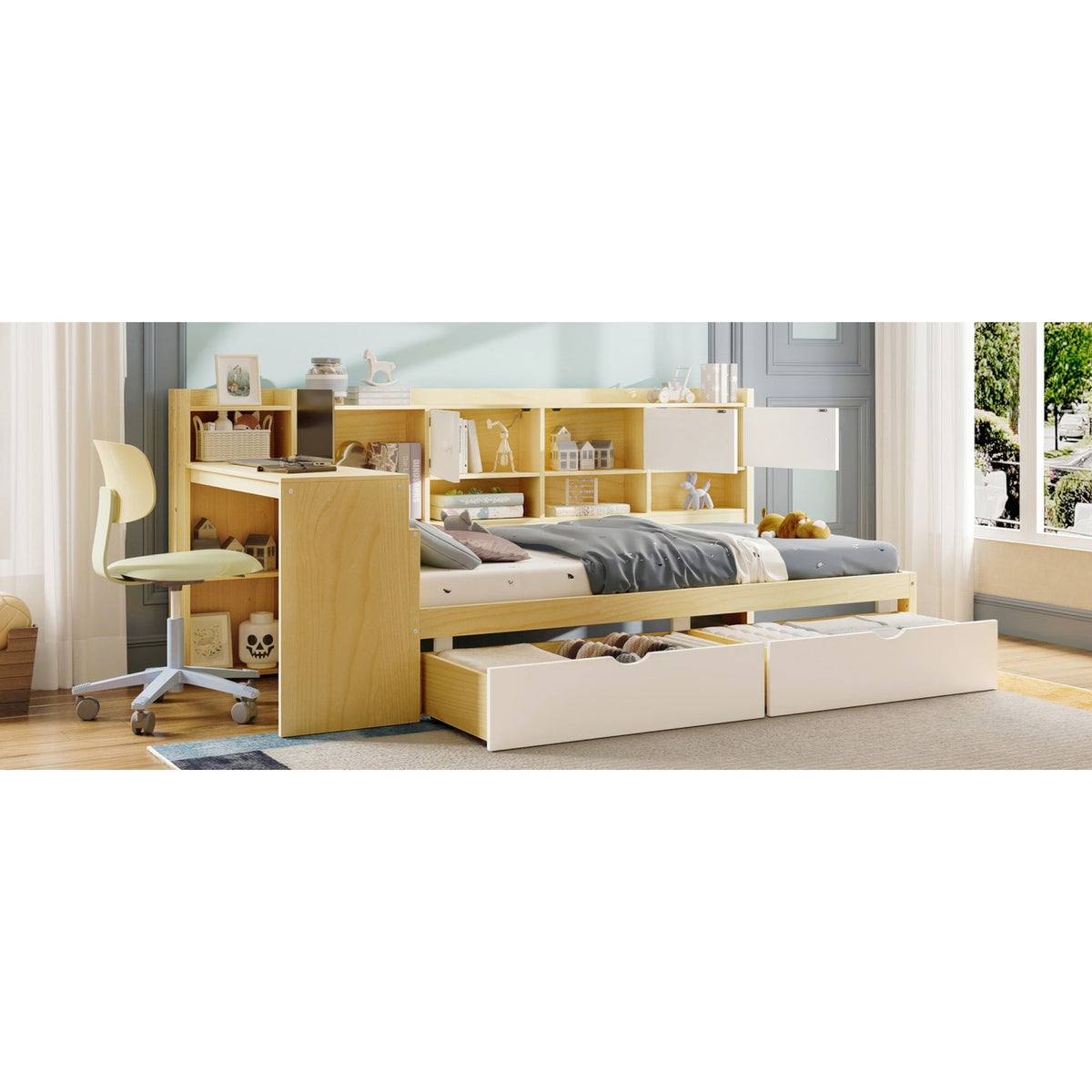 Roomfitters Wooden L-Shape Daybed with Seven Storage Cabinets and Two Storage Compartments, Multi-functional Bed with Study Desk and Built-in Bookshelf, Natural+White