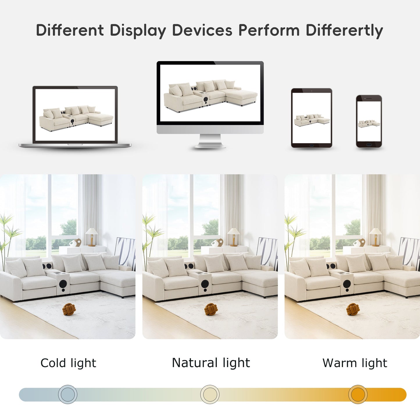 Roomfitters 112 Inch L-Shaped Modular Sectional Sofa with Bluetooth Speaker, Console and Cup Holders for Home, Cream Roomfitters