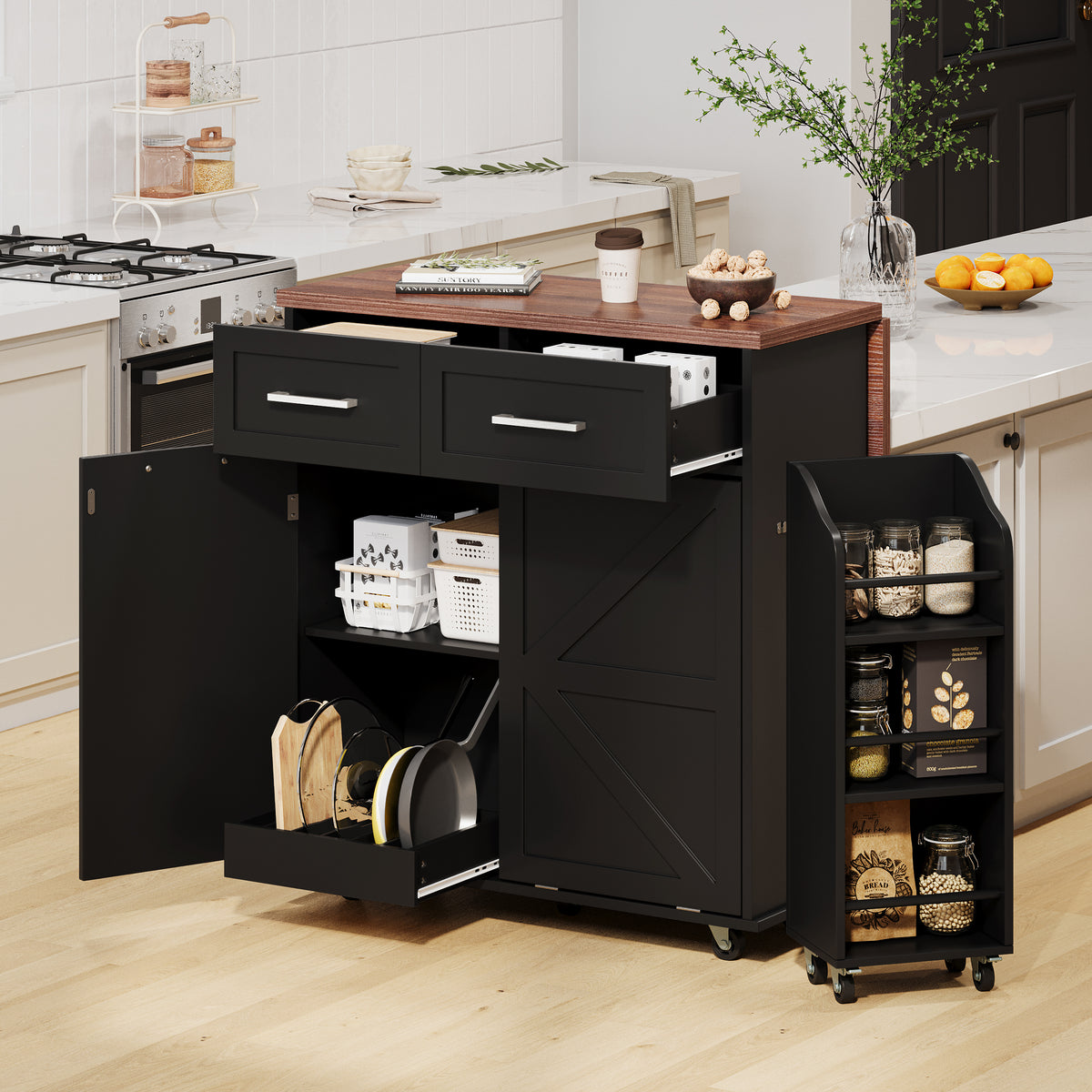 variant-group:rf-n707p307296b|Roomfitters 47.2" Farmhouse Kitchen Island with Drop Leaf, Tilt Trash Can Cabinet, Removable Mobile Side Racks, Black