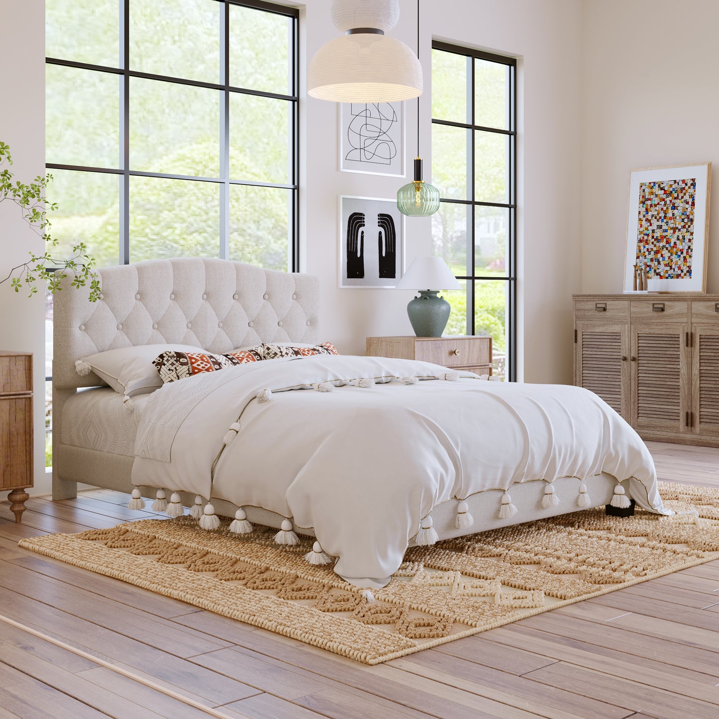 variant-group:rf-n701p342915b|Roomfitters Queen Size Elegant Tufted Upholstered Platform Bed Frame, Diamond Button Headboard, No Box Spring Needed, Beige