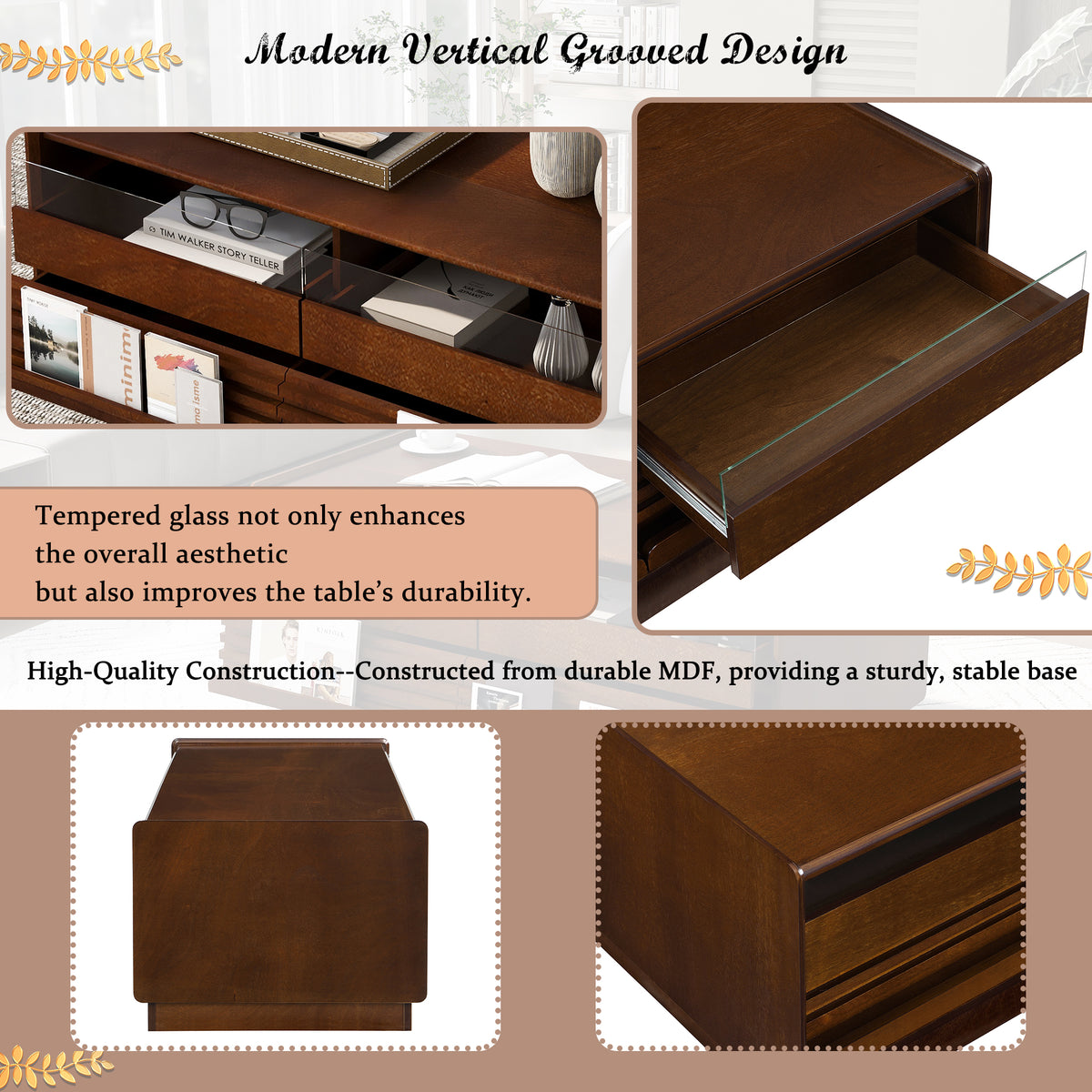 variant-group:rf-n724p286421d|Roomfitters Rectangle Coffee Table with Fluted Style, 4 Storage Compartments and Glass Display Shelves, Brown