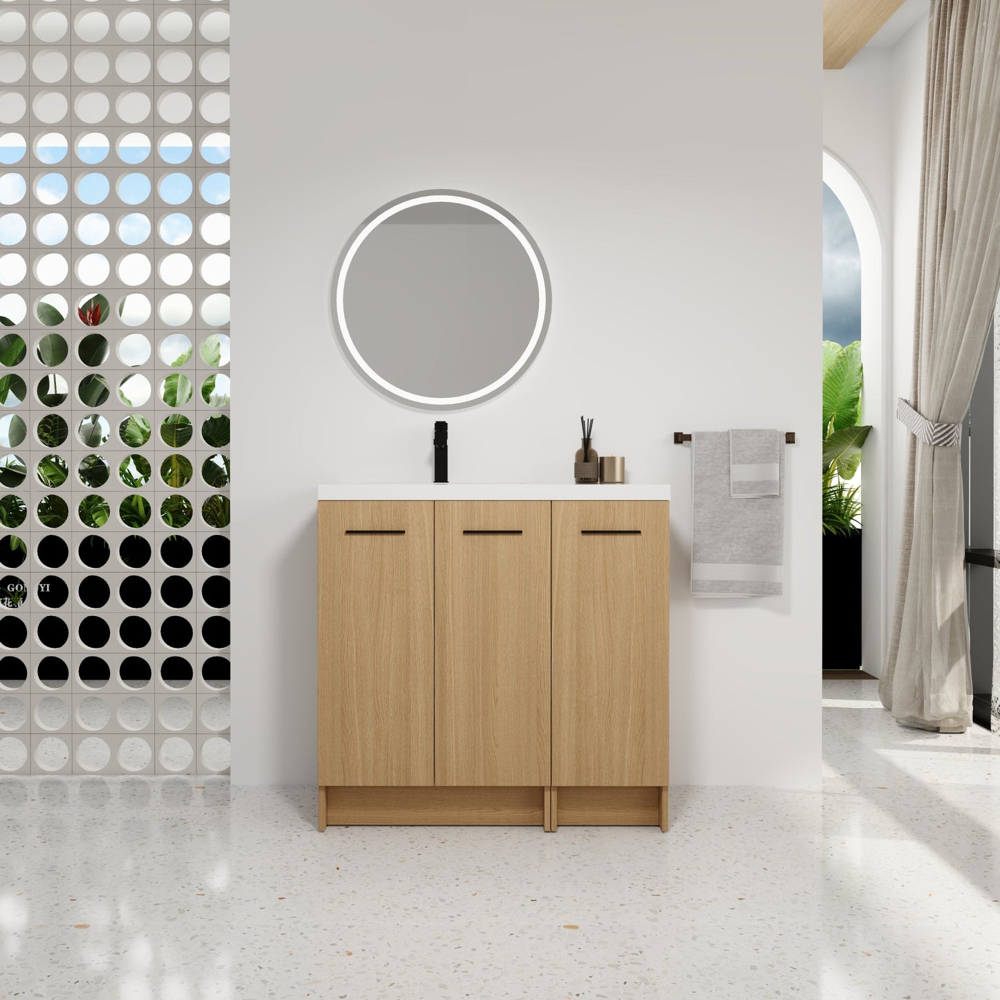 36" Modular Freestanding Bathroom Vanity with 36" Resin Sink Top, Light Oak, 2-Piece Cabinet (24" 2-Door + 12" 1-Door), KD Cabinet, Includes Black & Brushed Aluminum Handles Roomfitters