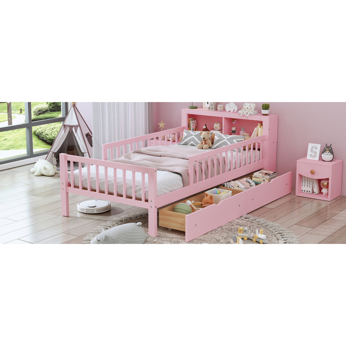 variant-group:rf-n733p272374h|Roomfitters Twin Bed with Headboard Storage Rack, Under-Bed Storage and Three-Side Guardrails, Pink