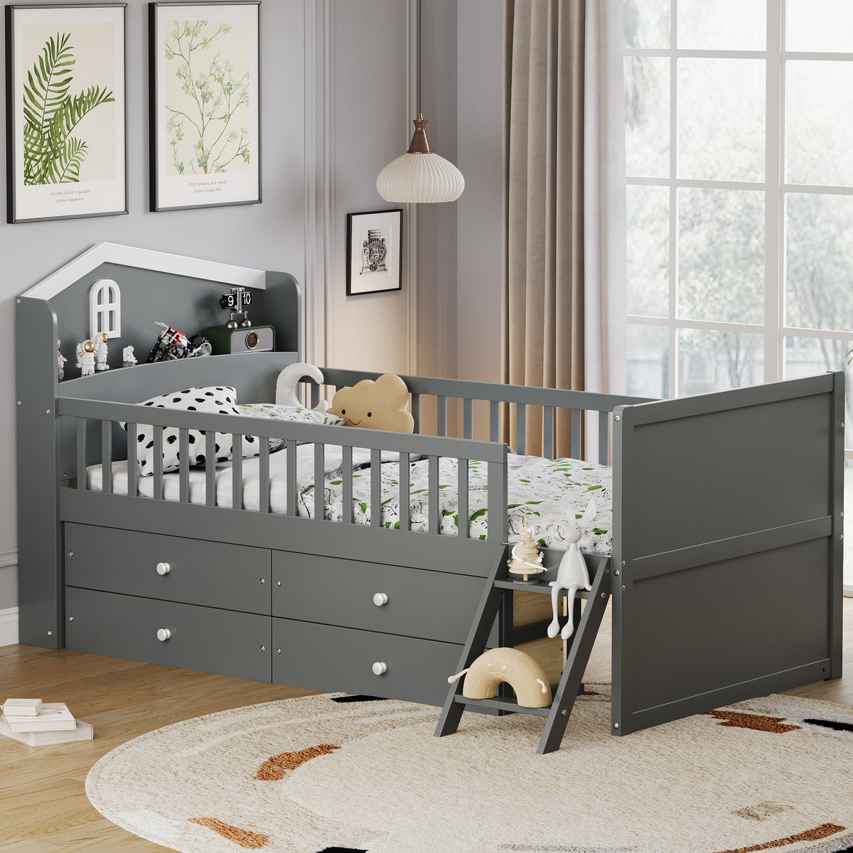variant-group:rf-n733s278032e|Roomfitters Twin Platform Bed Frame with Four Drawers, Wooden Kids Bed with Guardrail Headboard and Ladder, Gray
