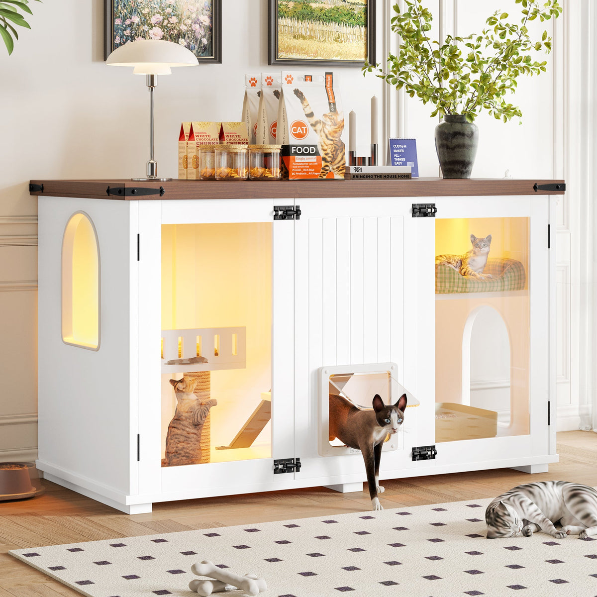 Roomfitters 47-Inch Enclosed Cat Litter Box Furniture Hideaway Cabinet Side Table with Four Mode Door White Roomfitters
