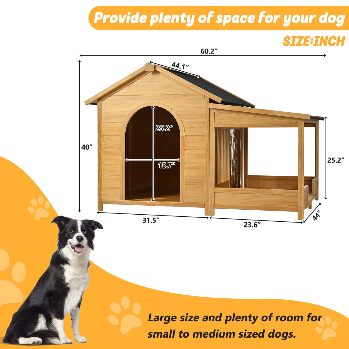 Roomfitters 60-Inch Large Outdoor Dog House with Removable Insulated Liner Weatherproof Porch and Asphalt Roof Natural Roomfitters