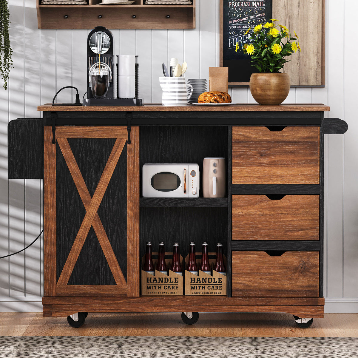 variant-group:rf-n707p288229b|Roomfitters 55.5" Rolling Kitchen Island with Drop Leaf, Mobile Kitchen Storage Cart with Sliding Barn Door, Power Outlets, Black