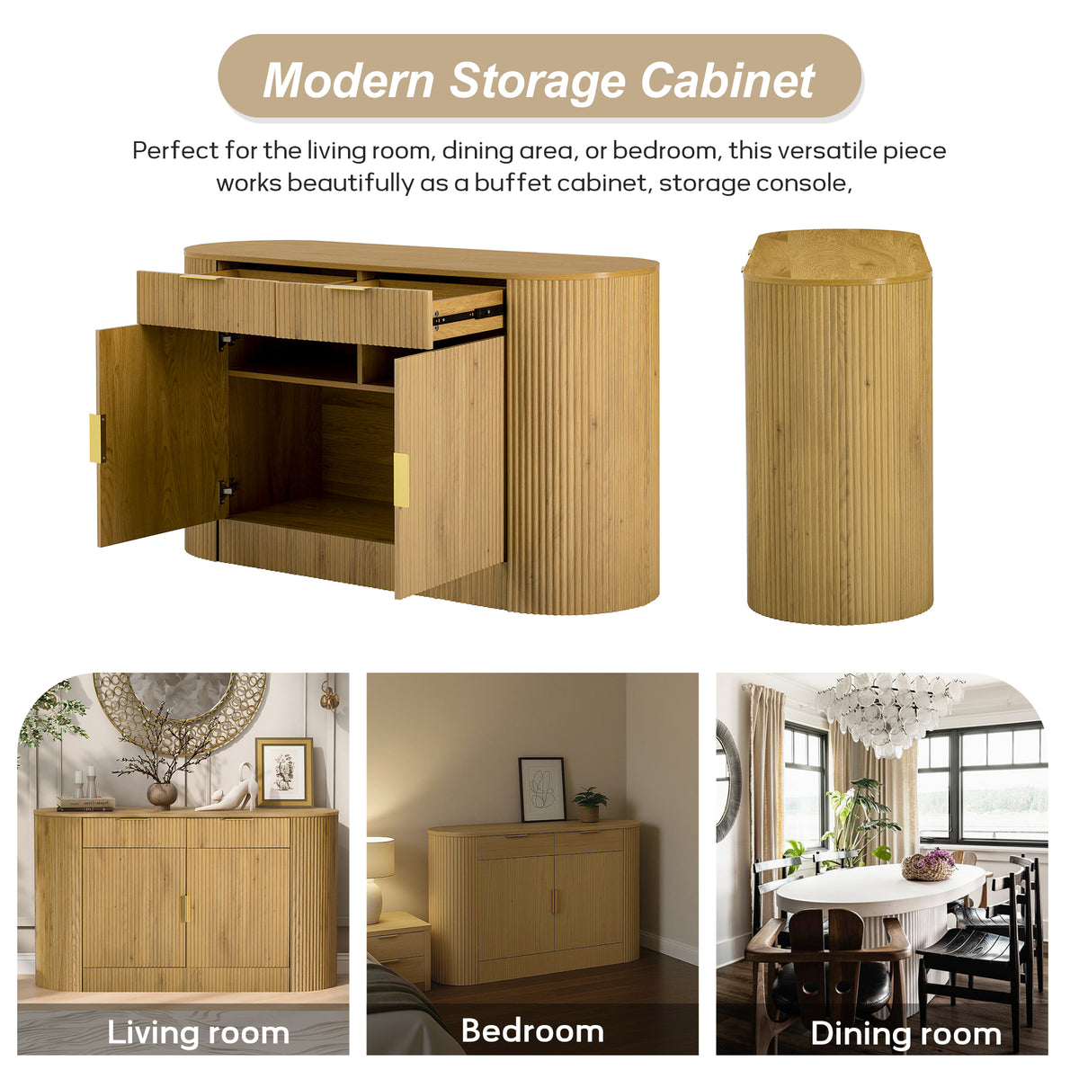 variant-group:rf-n711p345168o|Roomfitters 55.1" Oval Sideboard Buffet Cabinet with 2 Drawers & Wine Rack, Mid-century Modern Fluted Accent for Dining, Natural