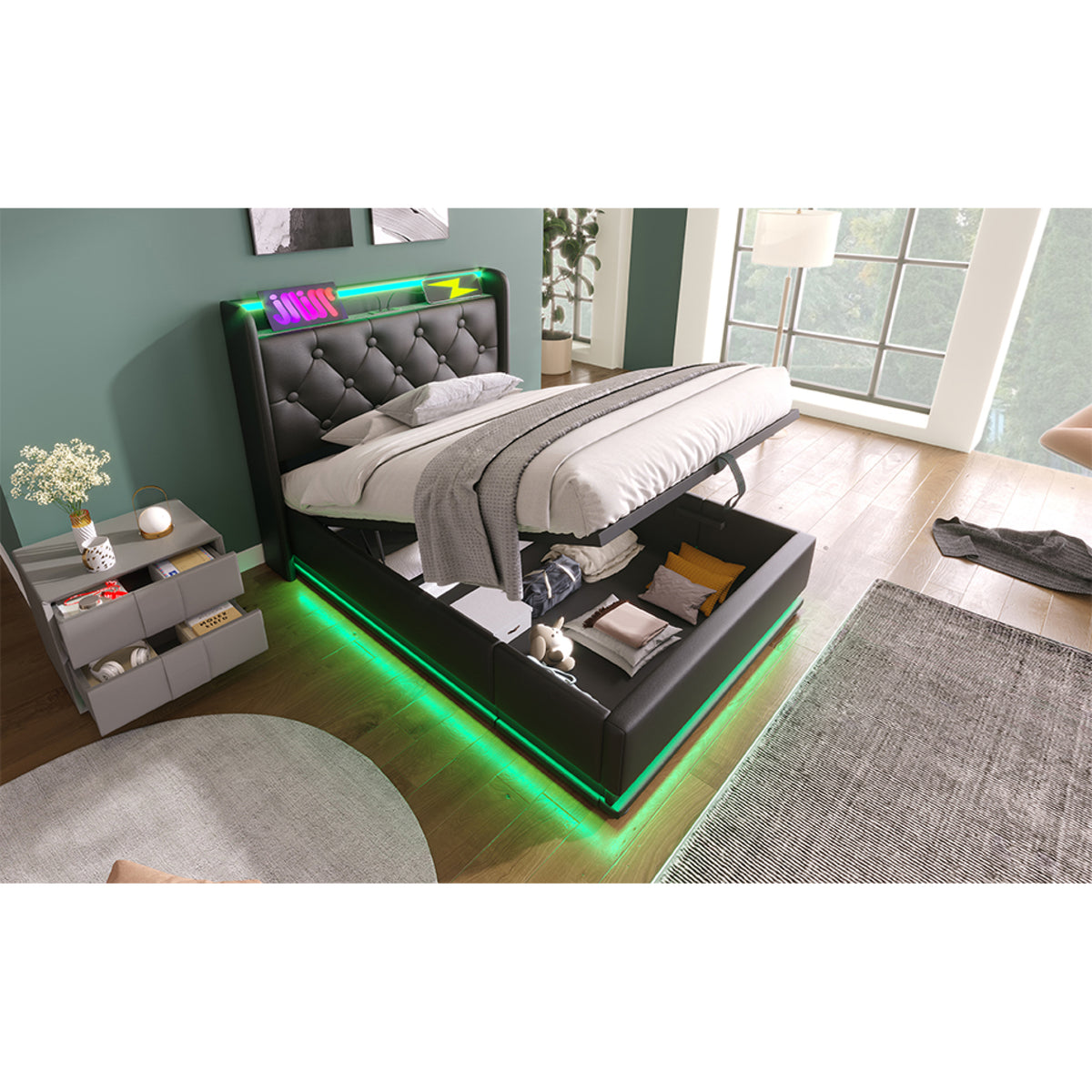 variant-group:rf-n736p188805b|Roomfitters Twin Size Upholstered Storage Bed with USB Type-C Charging and Remote Control, Faux Leather Black
