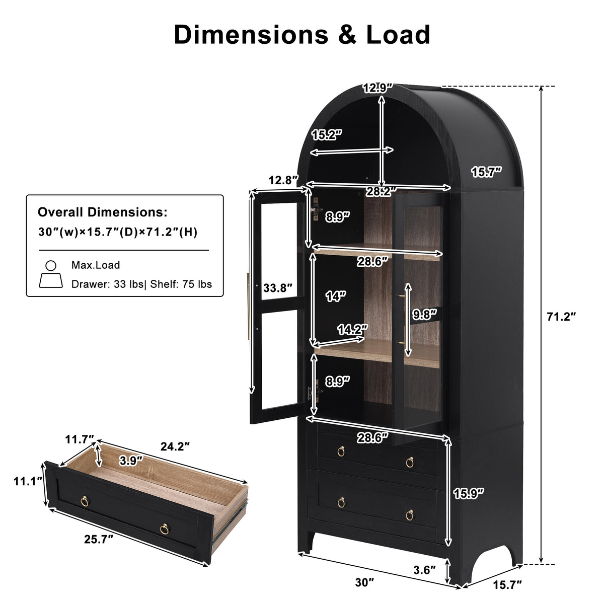 variant-group:rf-n707p288972b|Roomfitters 71" Pantry Cabinet with Arched Top and Glass Doors, 2 Storage Drawers and Adjustable Shelves for Kitchen, Black