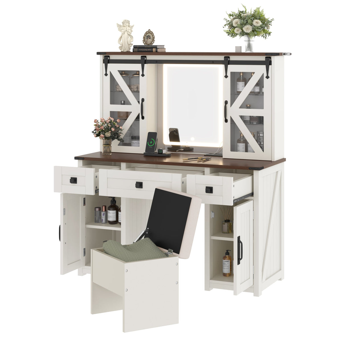 Roomfitters Farmhouse Makeup Vanity Desk with Lighted Mirror, Vanity Table Set with Storage Stool, Charging Station, Beige Roomfitters