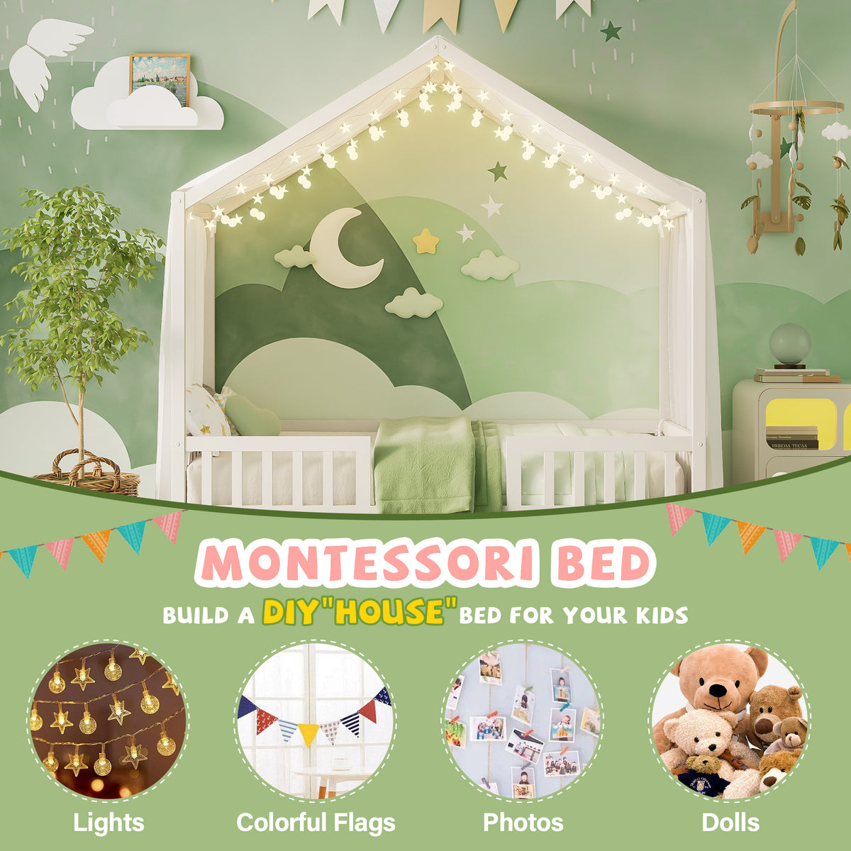 variant-group:rf-n733p356043k|Roomfitters Twin Montessori Floor Bed with Canopy, House Shape Wood Frame with Safety Rails, Youth Platform Bed, White