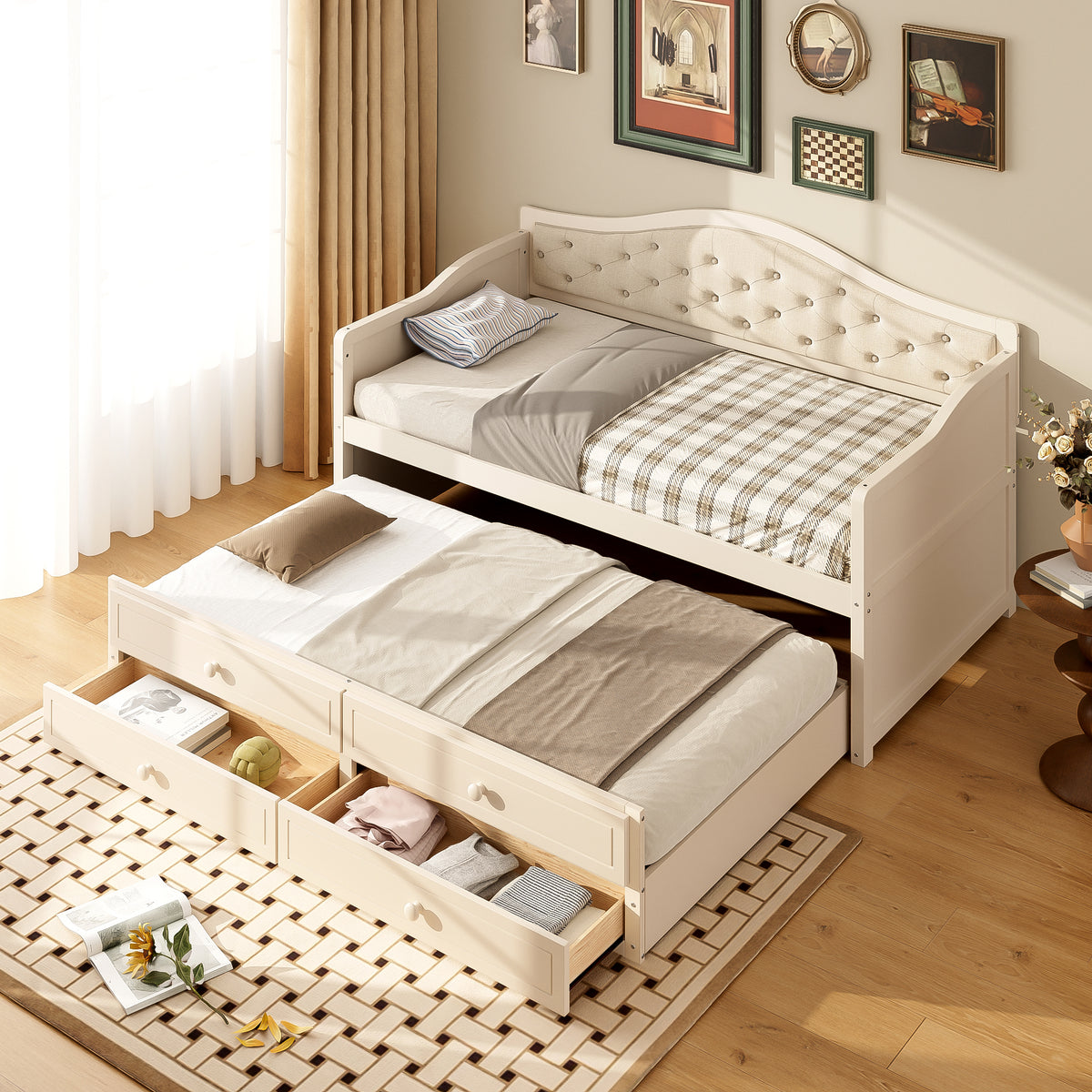 variant-group:rf-n733s346767a|Roomfitters Twin Daybed with Trundle, Wooden Sofa Bed with 2 Storage Drawers & Tufted Backrest, Beige
