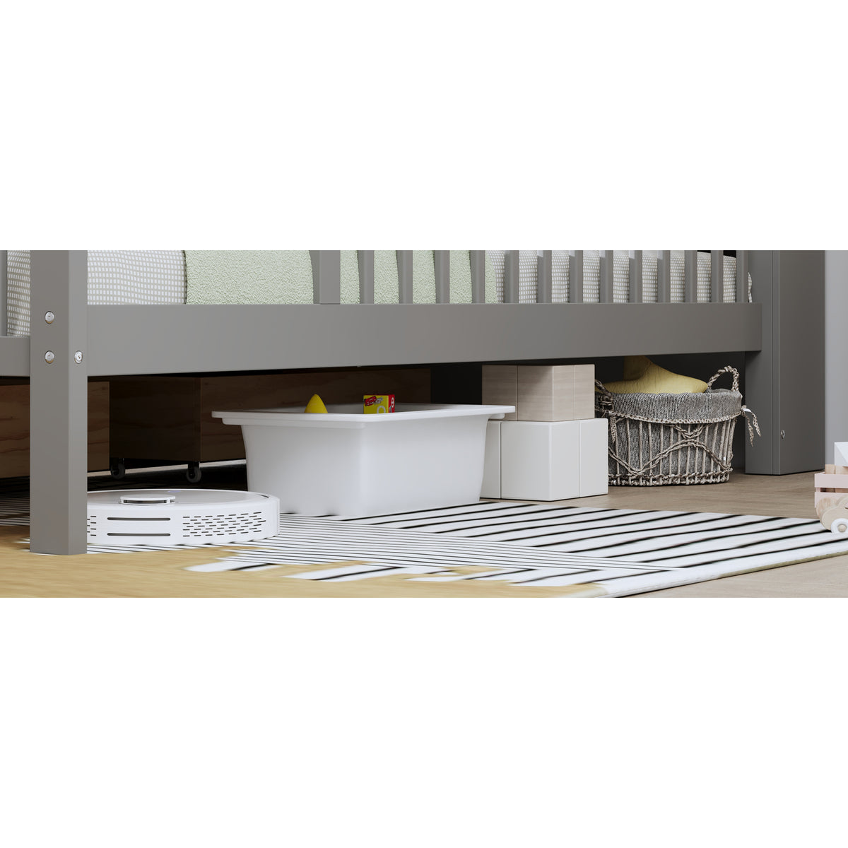 variant-group:rf-n733p272374e|Roomfitters Twin Bed with Headboard Storage Rack, Under-Bed Storage and Three-Side Guardrails, Gray