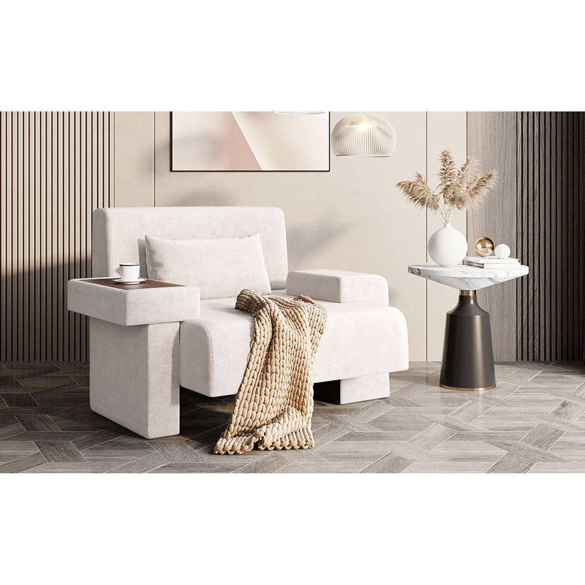 variant-group:rf-n724sj000130aaa|Roomfitters Oversized Mid-Century Armchair 48” Wide with Soft Cushion and Wood Frame, Lounge Reading Chair, Beige
