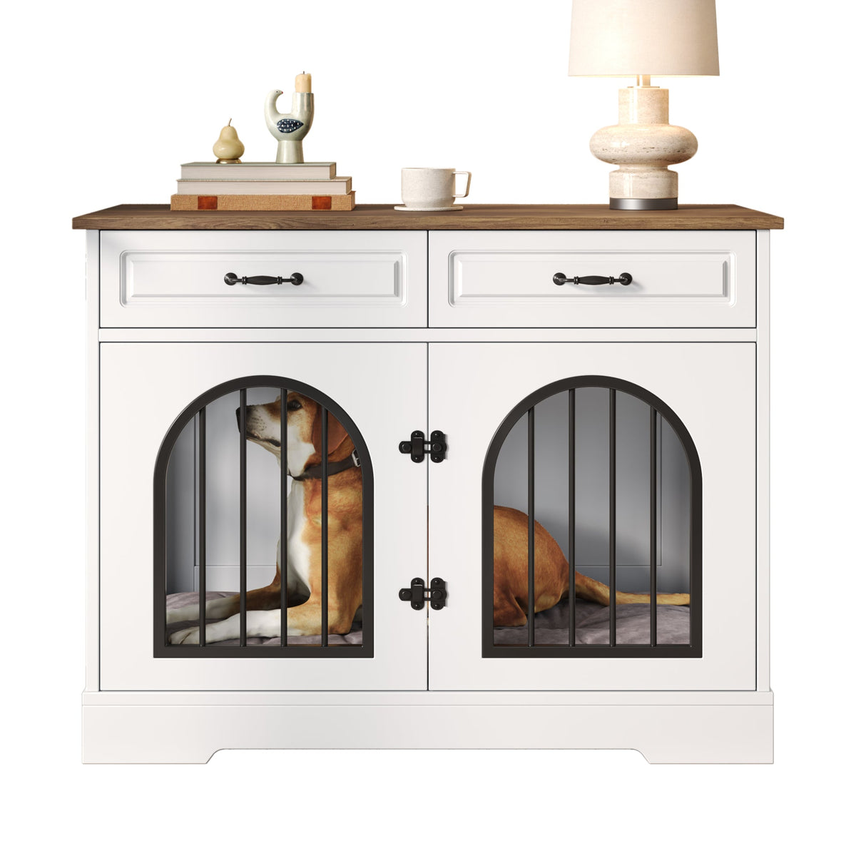 Roomfitters 43-Inch Heavy Duty Indoor Dog Crate Furniture End Table with Escape Proof Arched Doors White Brown Roomfitters