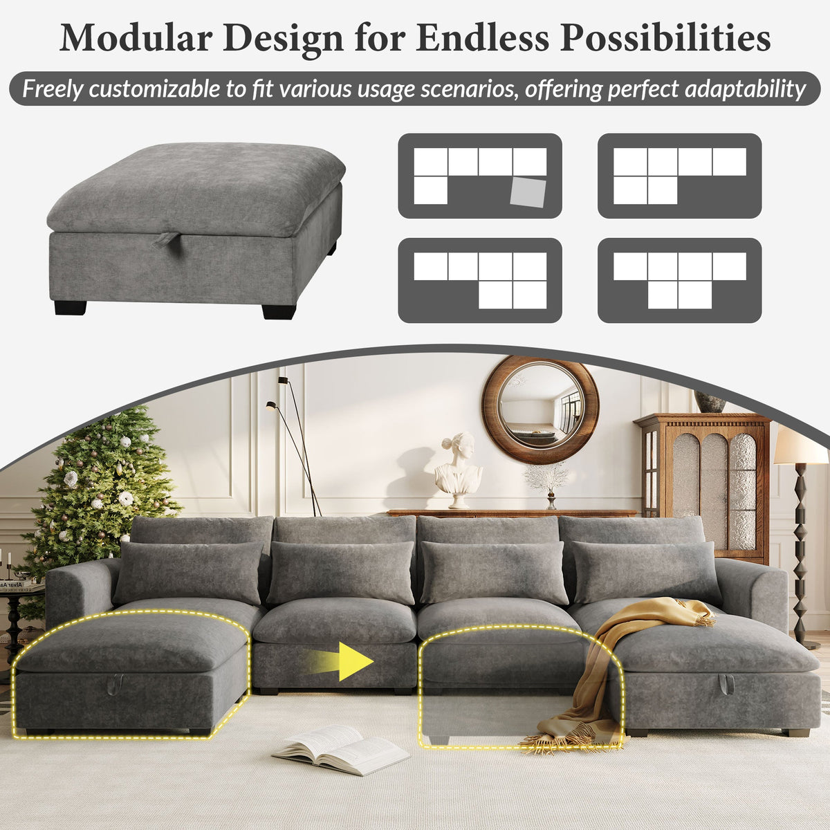 Roomfitters U-Shaped Modular Corner Sofa with Two Ottomans, Freely Transformable for Living Rooms, Studies, Home Theaters, Gray Roomfitters
