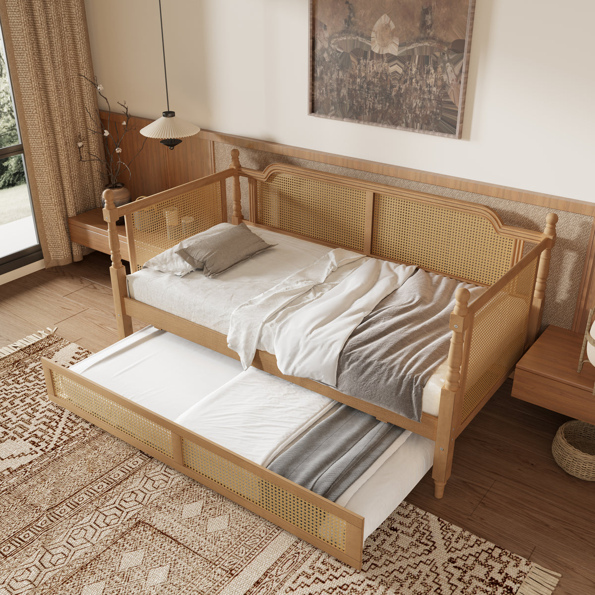 variant-group:rf-n701bs701p415494d|Roomfitters Full Size Traditional Rattan Daybed Frame with 2 Storage Drawers, French Country Wood Bed, No Box Spring, Walnut