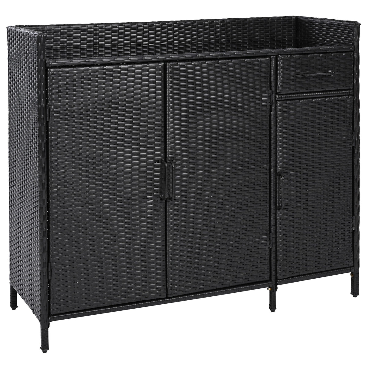 variant-group:rf-n707p233745b|Roomfitters 47.5" Wicker Outdoor Storage Cabinet, Rattan Bar Table with Glass Top, Adjustable Shelf, 3 Doors, Black Brown