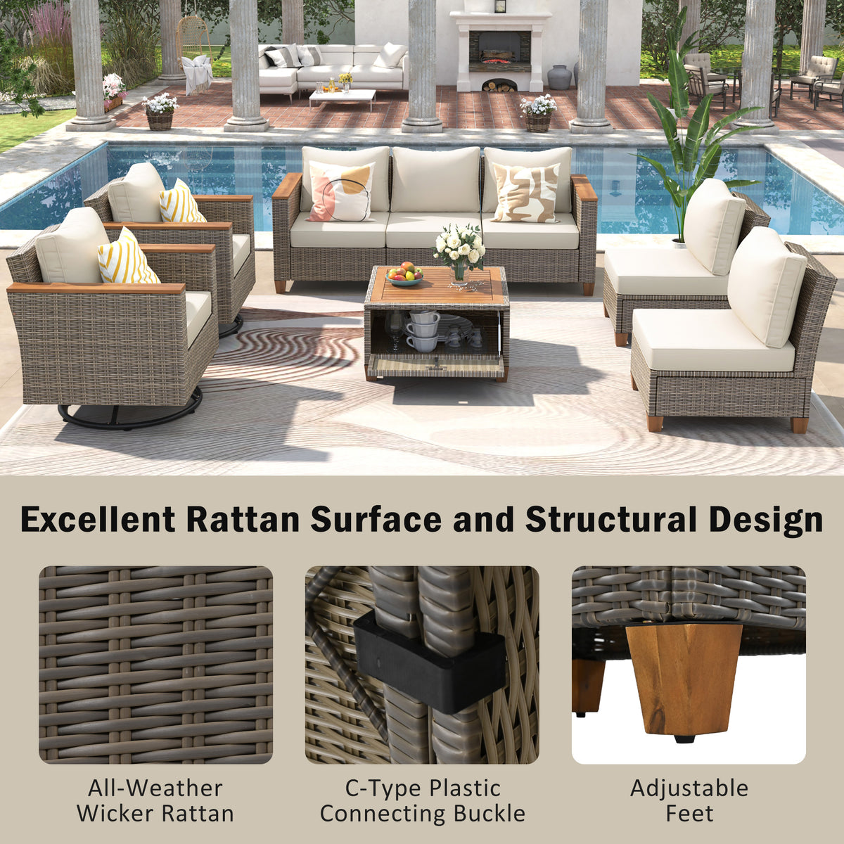 variant-group:rf-n707s005016z|Roomfitters 8-Piece Patio Furniture Set with 360 Swivel Rocker Chairs, Modular Outdoor Sectional Sofa & Table, Beige+Brown