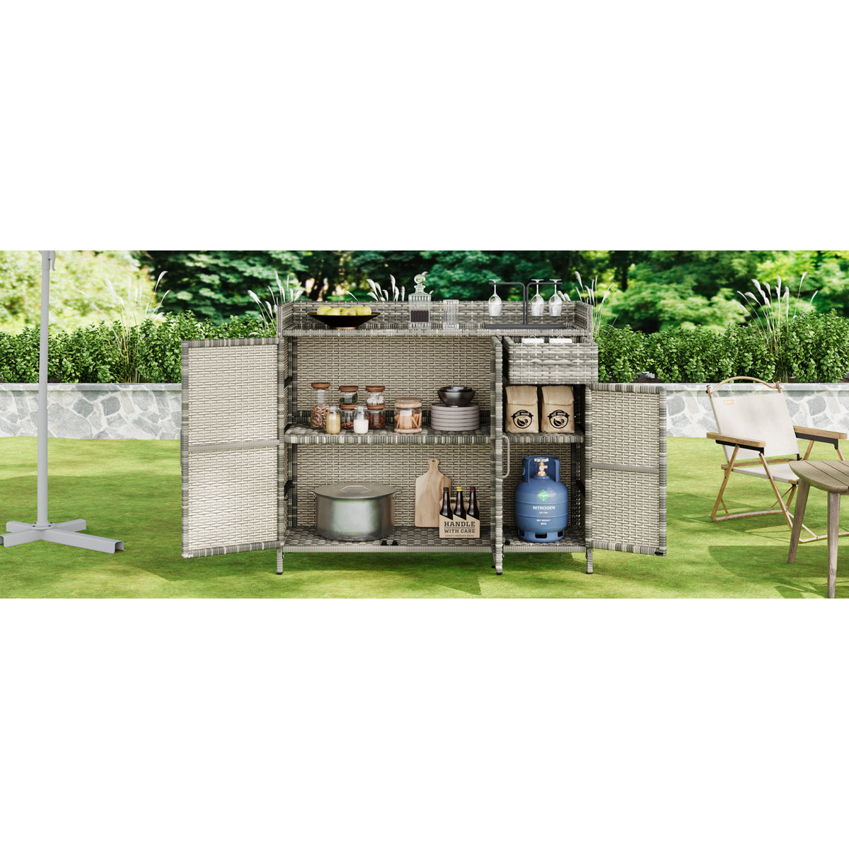 variant-group:rf-n707p233745g|Roomfitters 47.5" Wicker Outdoor Storage Cabinet, Rattan Bar Table with Glass Top, Adjustable Shelf, 3 Doors, Grey
