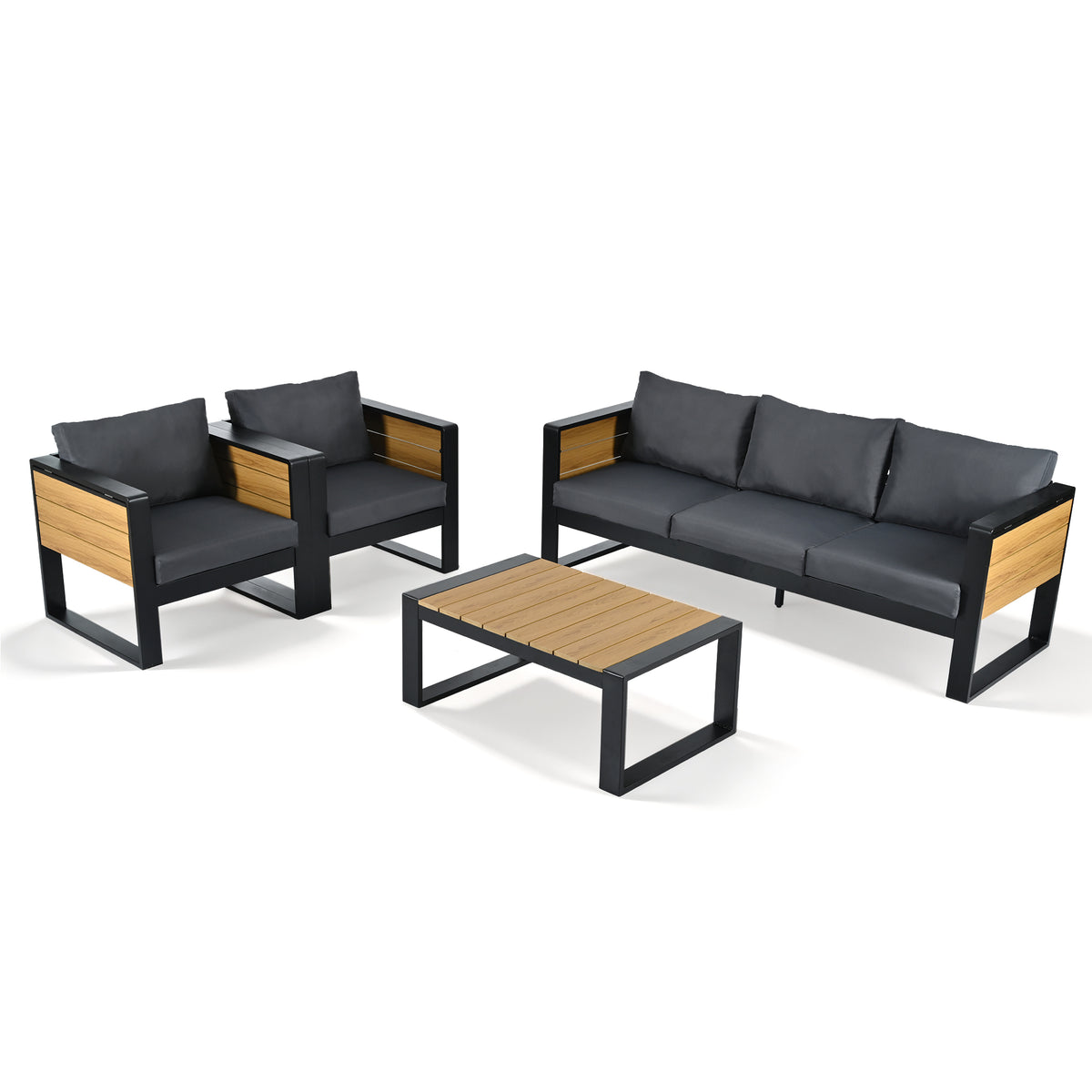 variant-group:rf-n704g201257e|Roomfitters 4-Piece Aluminum Patio Conversation Set with Four Fold-Out Side Trays and Slatted Coffee Table Gray