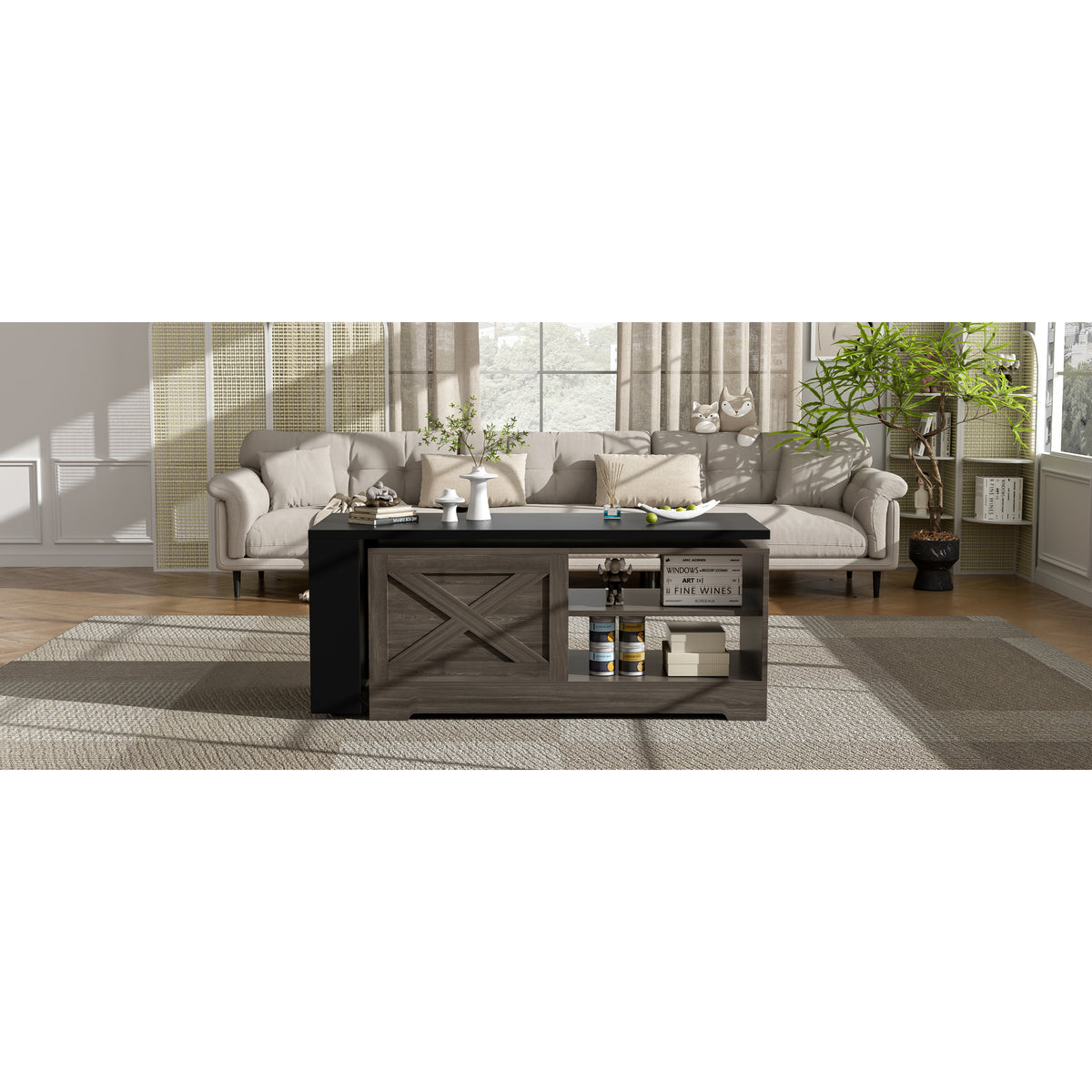 variant-group:rf-n724p351732e|Roomfitters Farmhouse Lift Top Coffee Table with Barn Doors and Outlets, Brown & Black