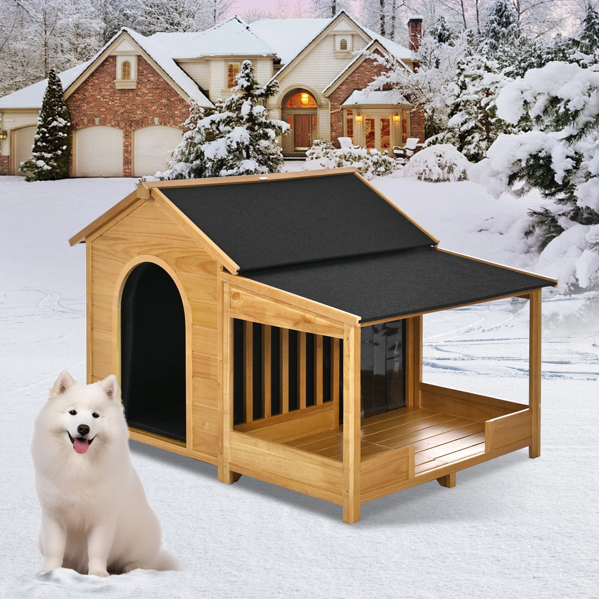 Roomfitters 60-Inch Large Outdoor Dog House with Removable Insulated Liner Weatherproof Porch and Asphalt Roof Natural Roomfitters
