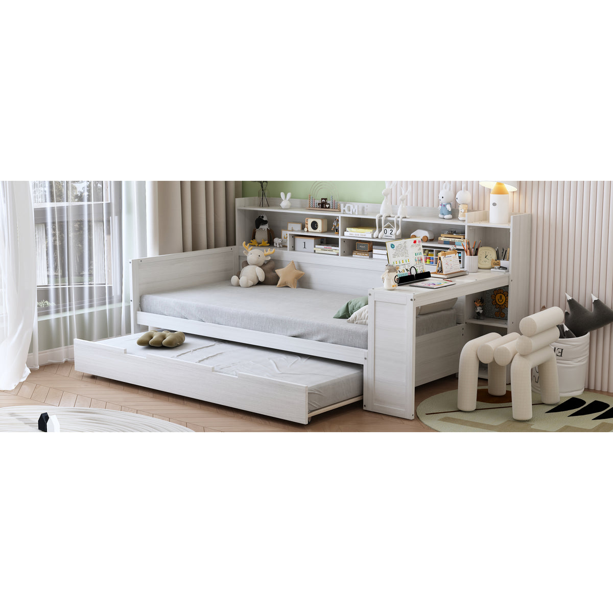 variant-group:rf-n733s373389k|Roomfitters Twin Daybed with Trundle, Storage Shelves and Desk, Wooden Multi-Functional Bed, Antique White