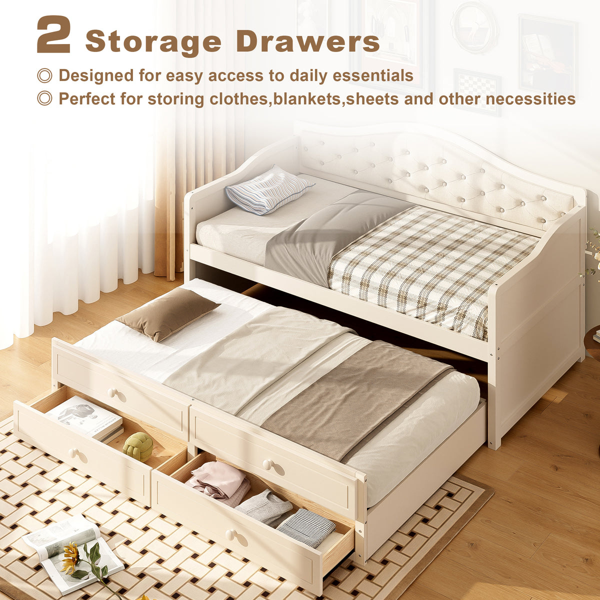 variant-group:rf-n733s346767a|Roomfitters Twin Daybed with Trundle, Wooden Sofa Bed with 2 Storage Drawers & Tufted Backrest, Beige