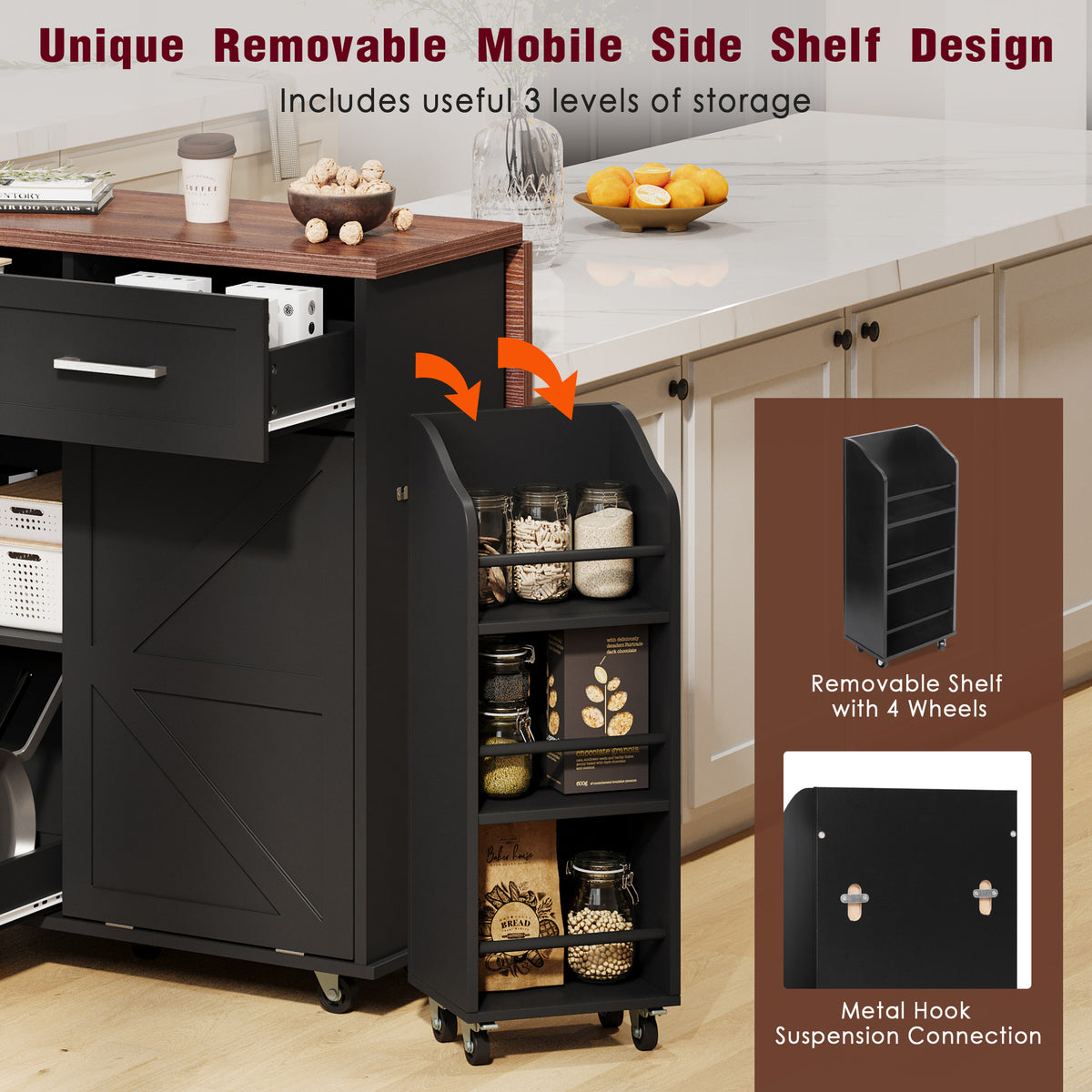 variant-group:rf-n707p307296b|Roomfitters 47.2" Farmhouse Kitchen Island with Drop Leaf, Tilt Trash Can Cabinet, Removable Mobile Side Racks, Black