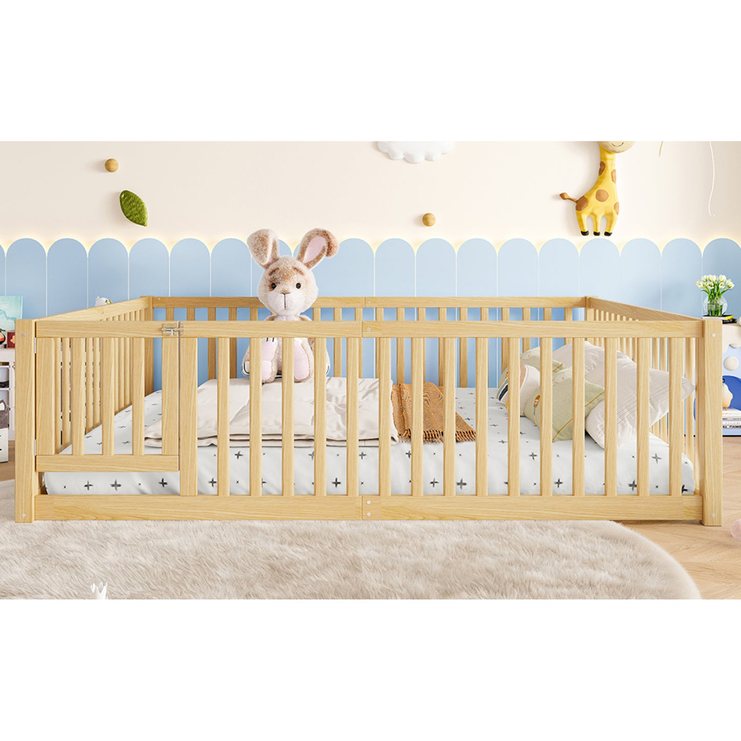 variant-group:rf-w1580p417673|Roomfitters Queen Size Wooden Floor Bed with Safety Guardrails Door, Solid Wood Low Profile Toddler Bed Frame, Natural