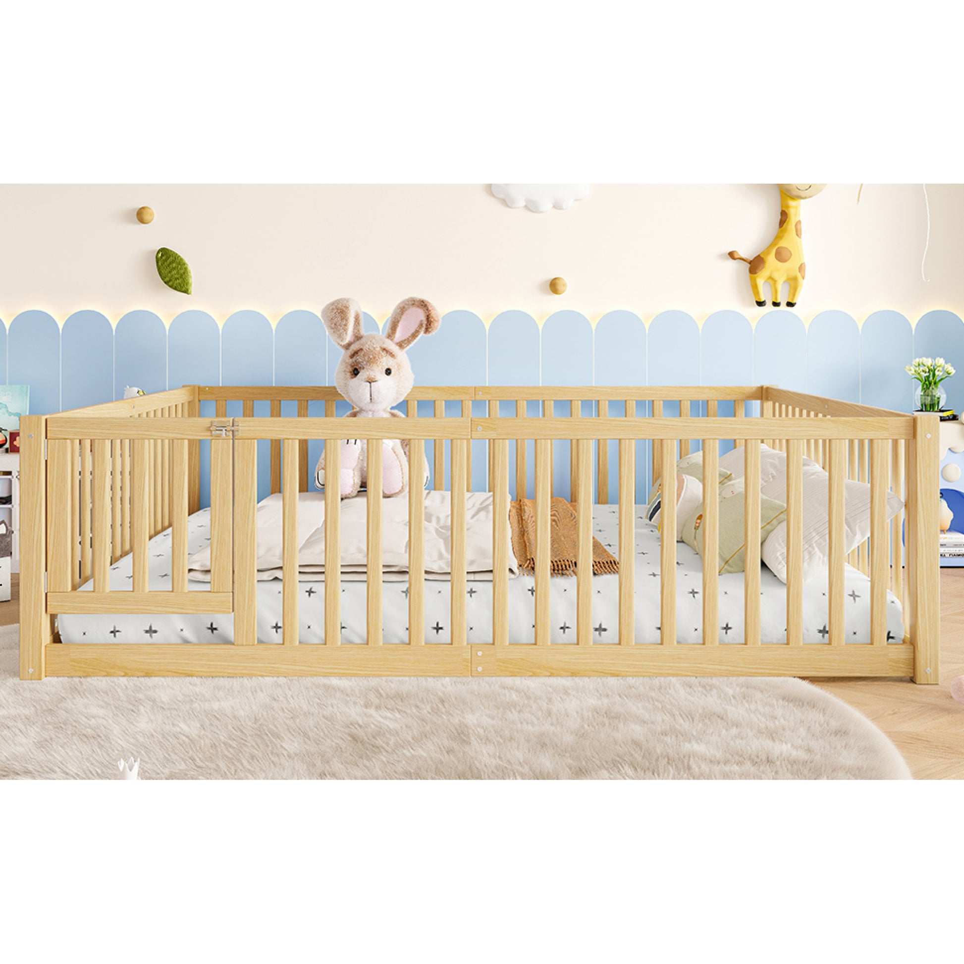 variant-group:rf-w1580p417673|Roomfitters Queen Size Wooden Floor Bed with Safety Guardrails Door, Solid Wood Low Profile Toddler Bed Frame, Natural