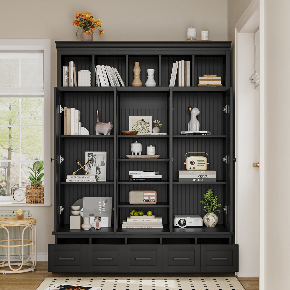 variant-group:rf-n724sj000139aab|Roomfitters 78.7" Hall Tree with Bench, 5 Cubbies, 4 Doors, 5 Drawers, Adjustable Shelves, Black