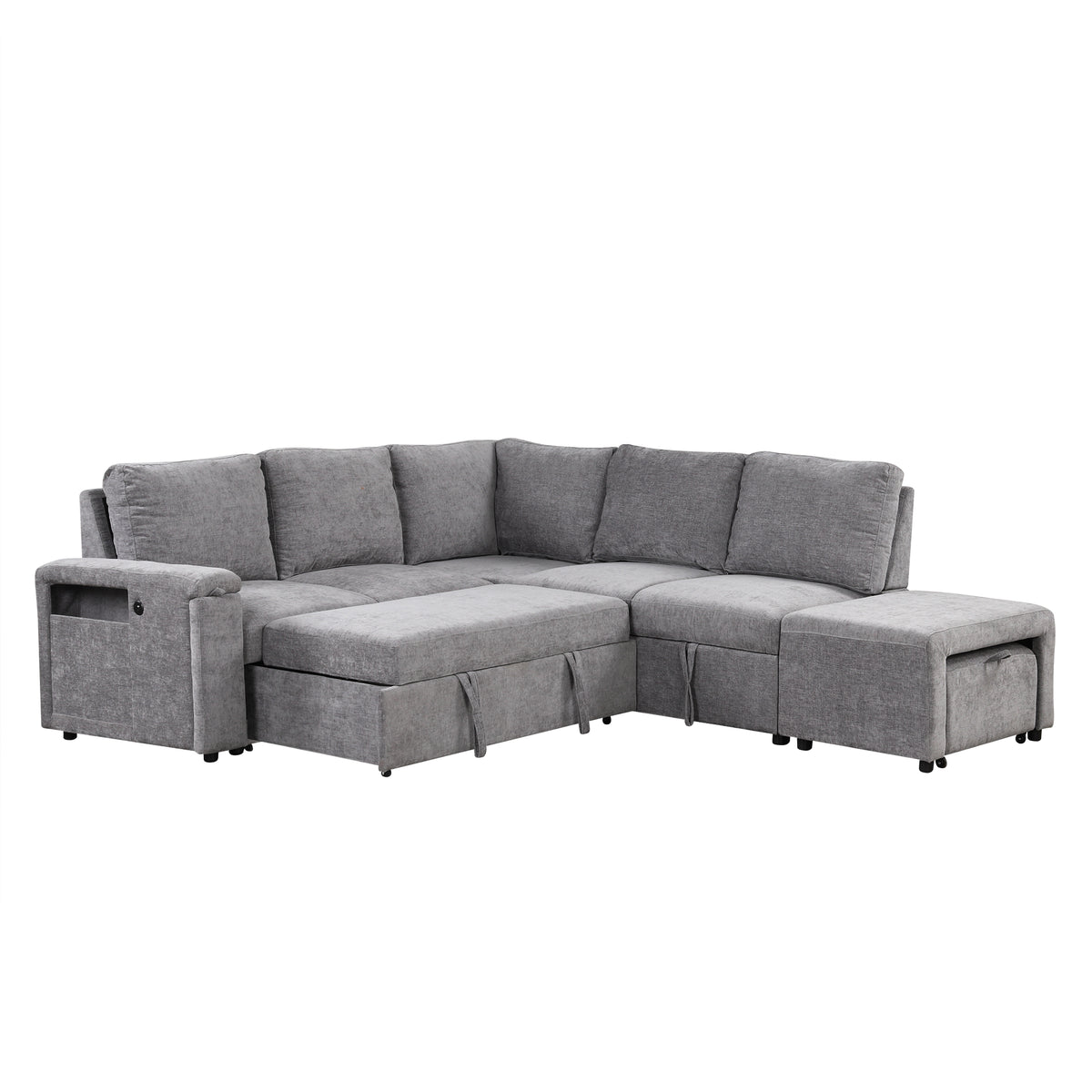 variant-group:rf-n711wy000390aae|Roomfitters L-Shaped Padded Modular Sofa with Storage Space, USB Ports, and Cup Holders on the Armrests, Suitable for Living Rooms, Offices, and Apartments, Gray