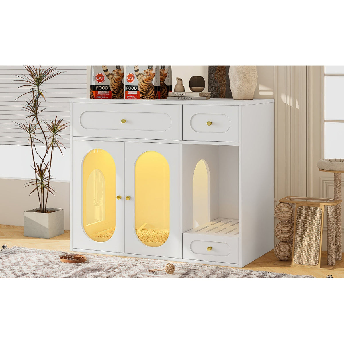 Roomfitters White Chic Sideboard Style Cat Litter Box Enclosure Cabinet with App Controlled LED Lighting Roomfitters