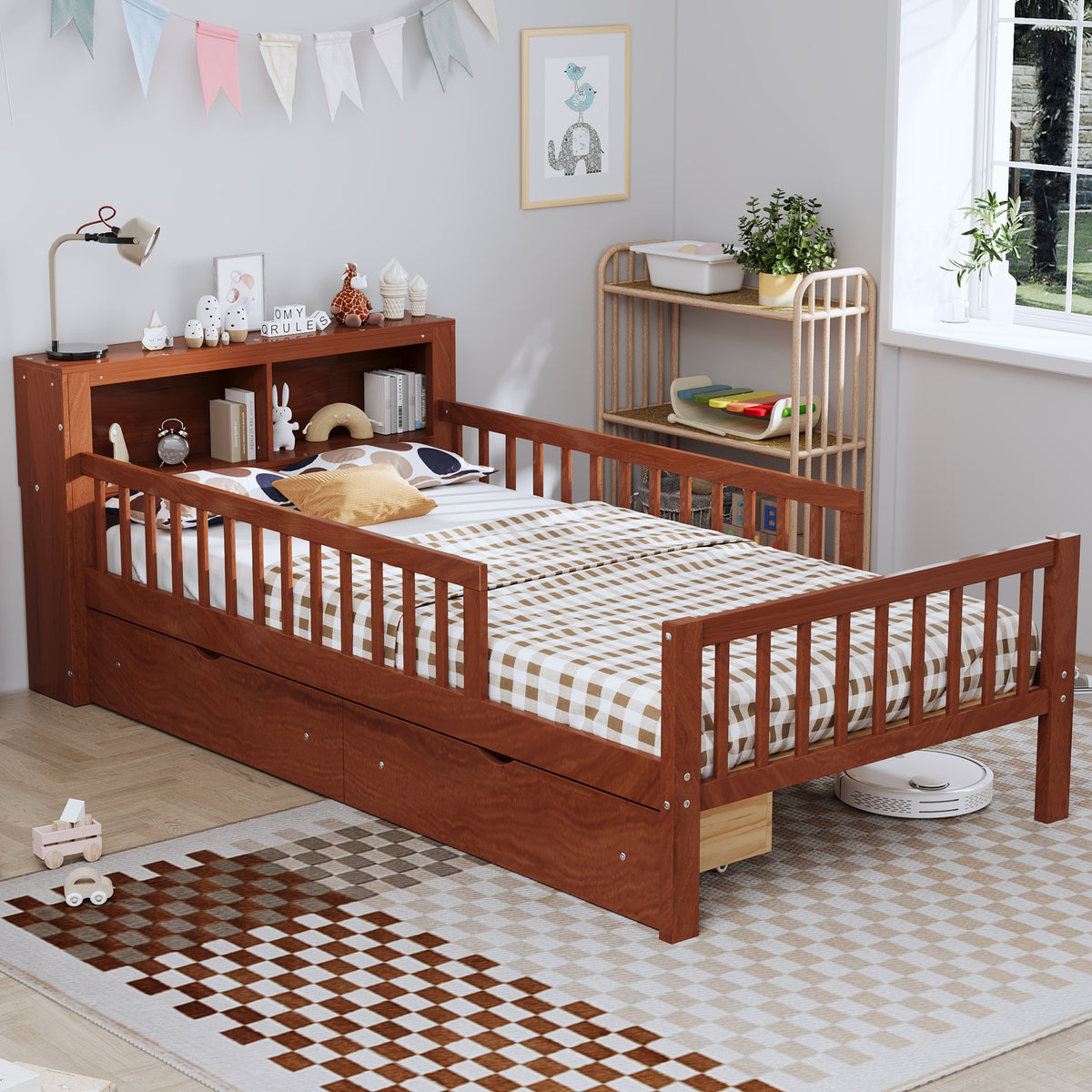 variant-group:rf-n733p272374d|Roomfitters Twin Bed with Headboard Storage Rack, Under-Bed Storage and Three-Side Guardrails, Walnut