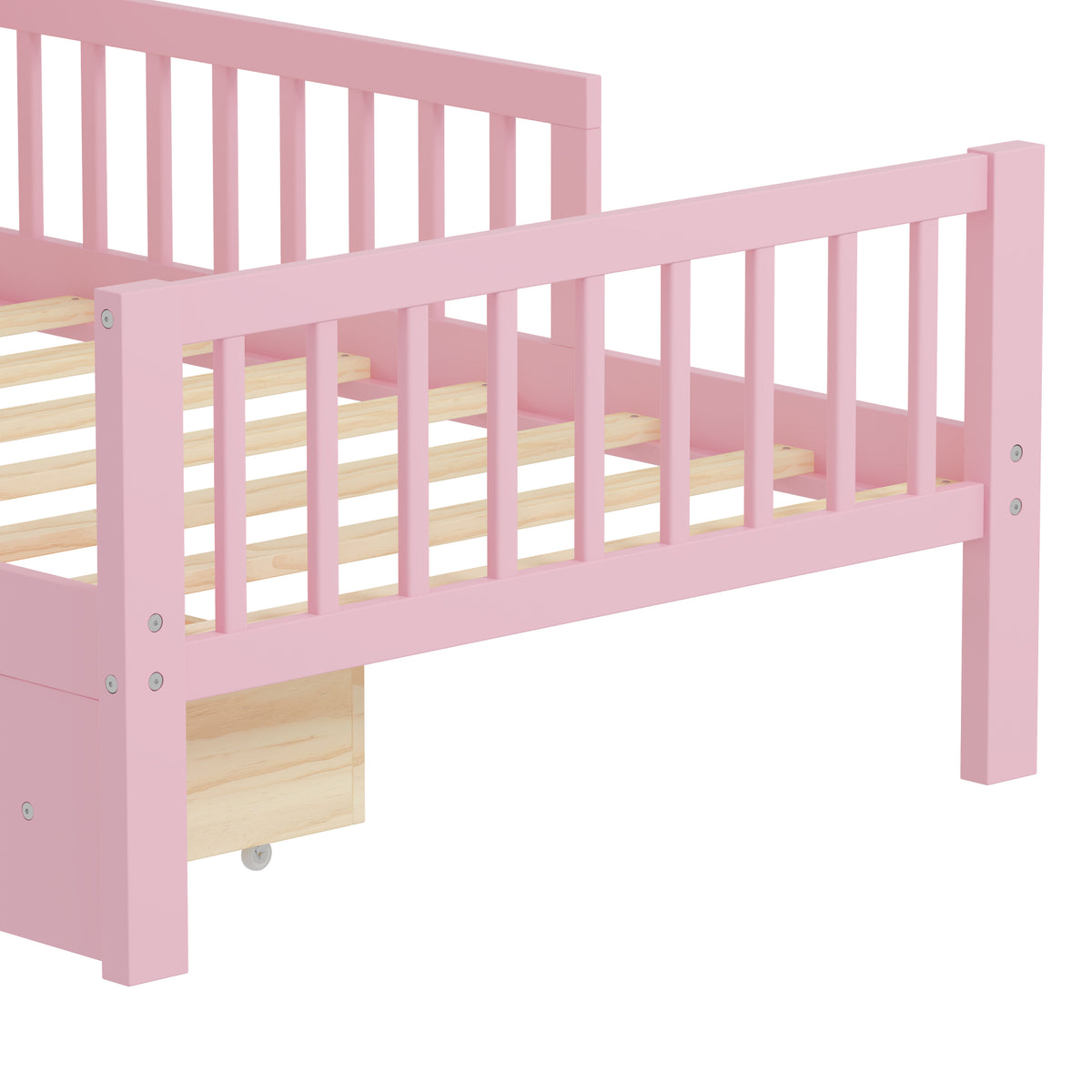 variant-group:rf-n733p272374h|Roomfitters Twin Bed with Headboard Storage Rack, Under-Bed Storage and Three-Side Guardrails, Pink