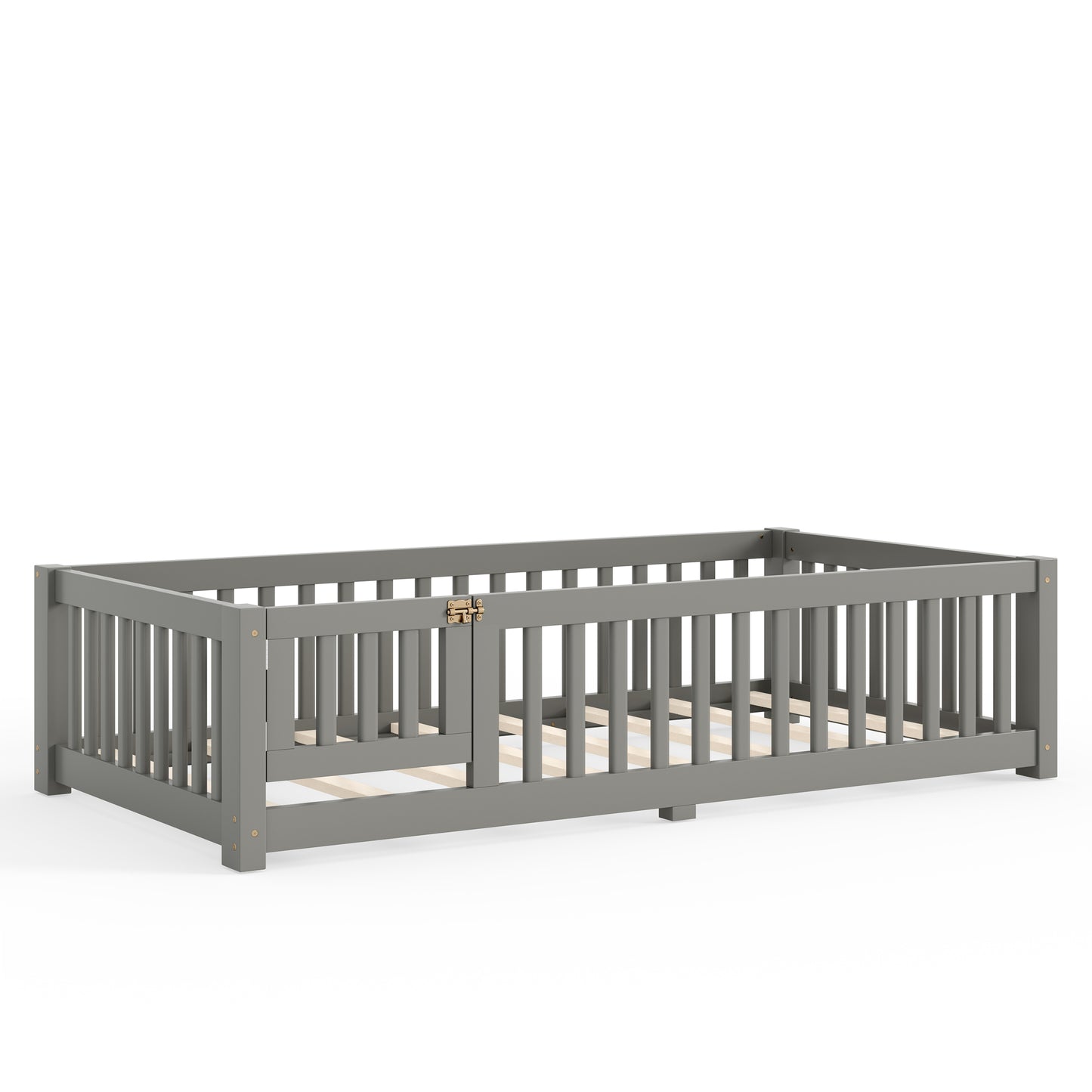 variant-group:rf-w1580p462312|Roomfitters Twin Size Wooden Floor Bed Frame with Safety Guardrails Door, Solid Wood Low Profile Toddler Play Bed, Gray