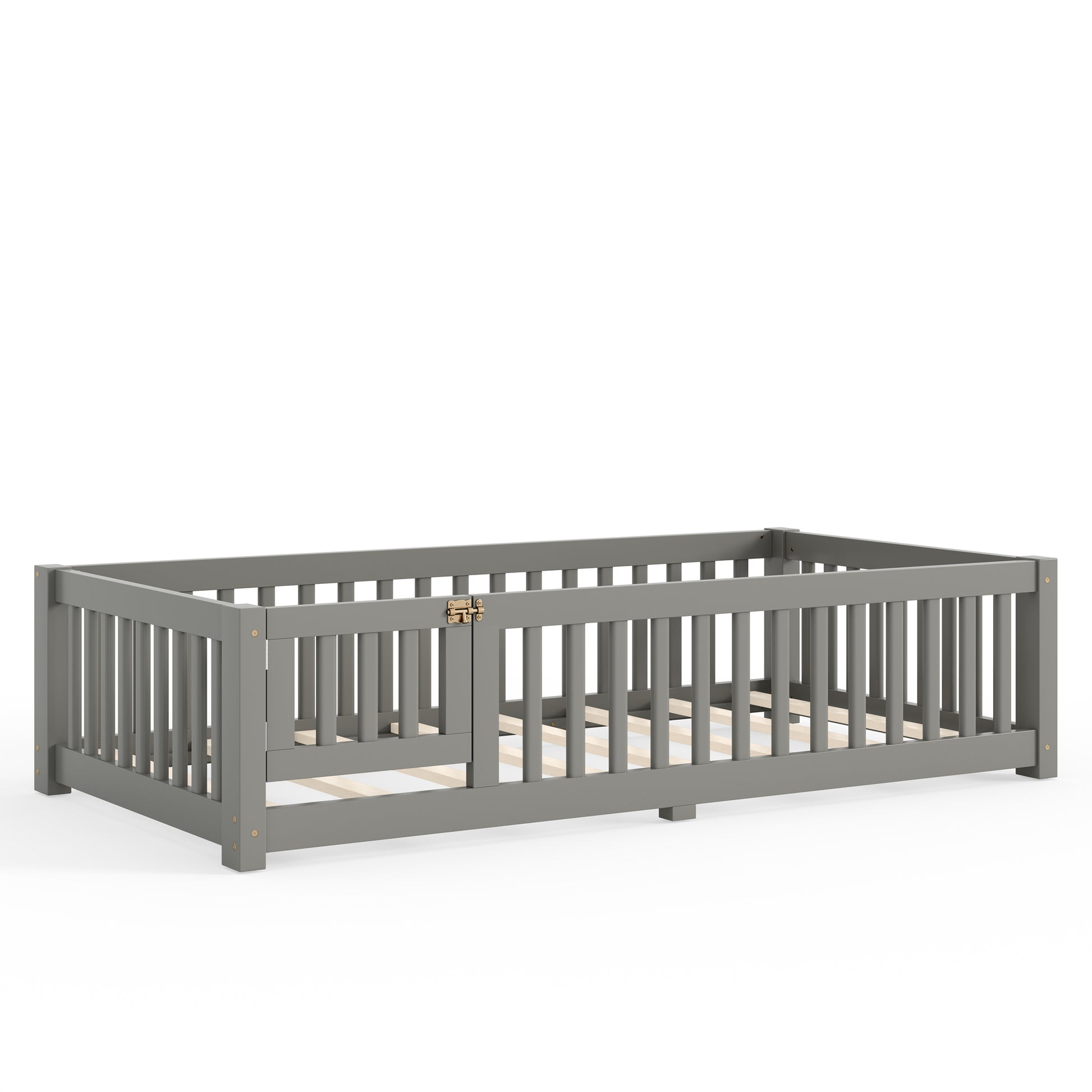 variant-group:rf-w1580p462312|Roomfitters Twin Size Wooden Floor Bed Frame with Safety Guardrails Door, Solid Wood Low Profile Toddler Play Bed, Gray