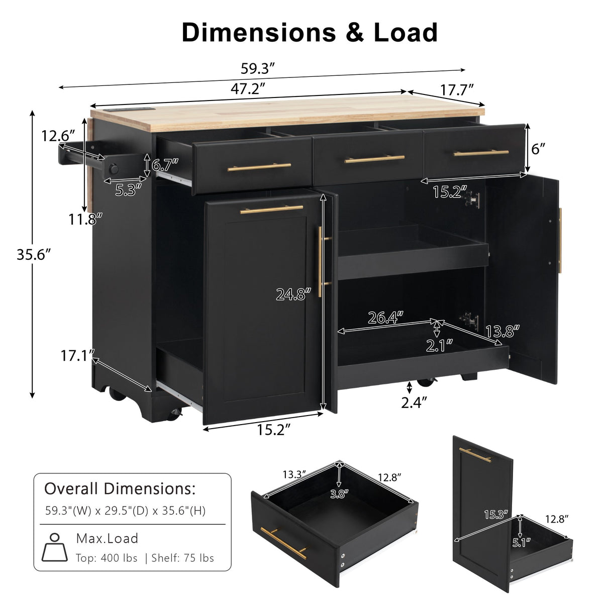 variant-group:rf-n707s299014b|Roomfitters 59.3" Kitchen Island with Power Outlet, Drop Leaf and Double Trash Can Pull Out, Rolling Cart, Black