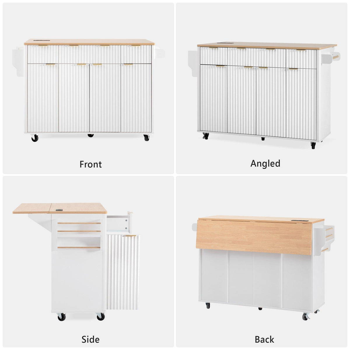 Roomfitters 55.5" Kitchen Island with Power Outlet and Drop Leaf, Rolling Storage Cabinet with Fluted Door Design, White