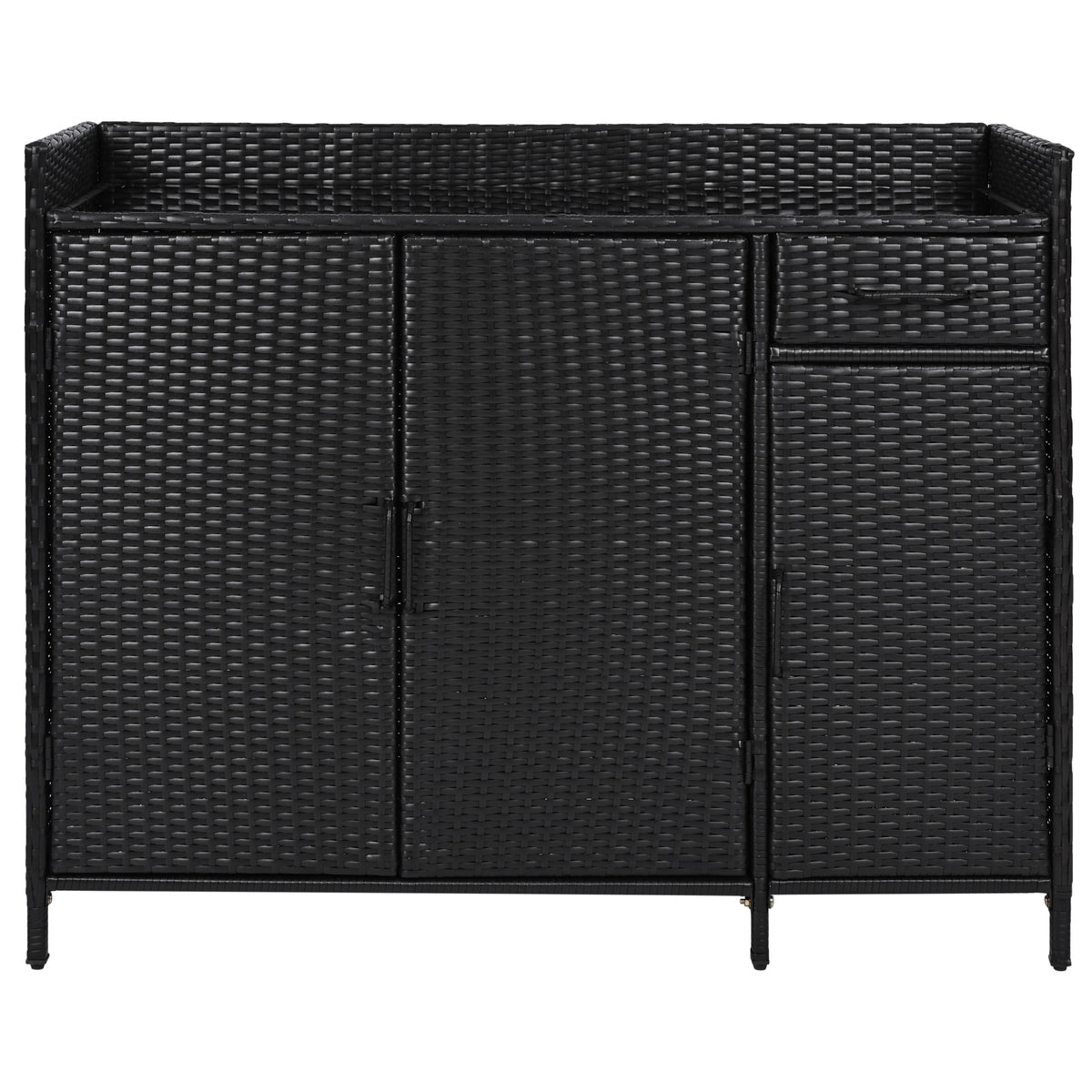 variant-group:rf-n707p233745b|Roomfitters 47.5" Wicker Outdoor Storage Cabinet, Rattan Bar Table with Glass Top, Adjustable Shelf, 3 Doors, Black Brown